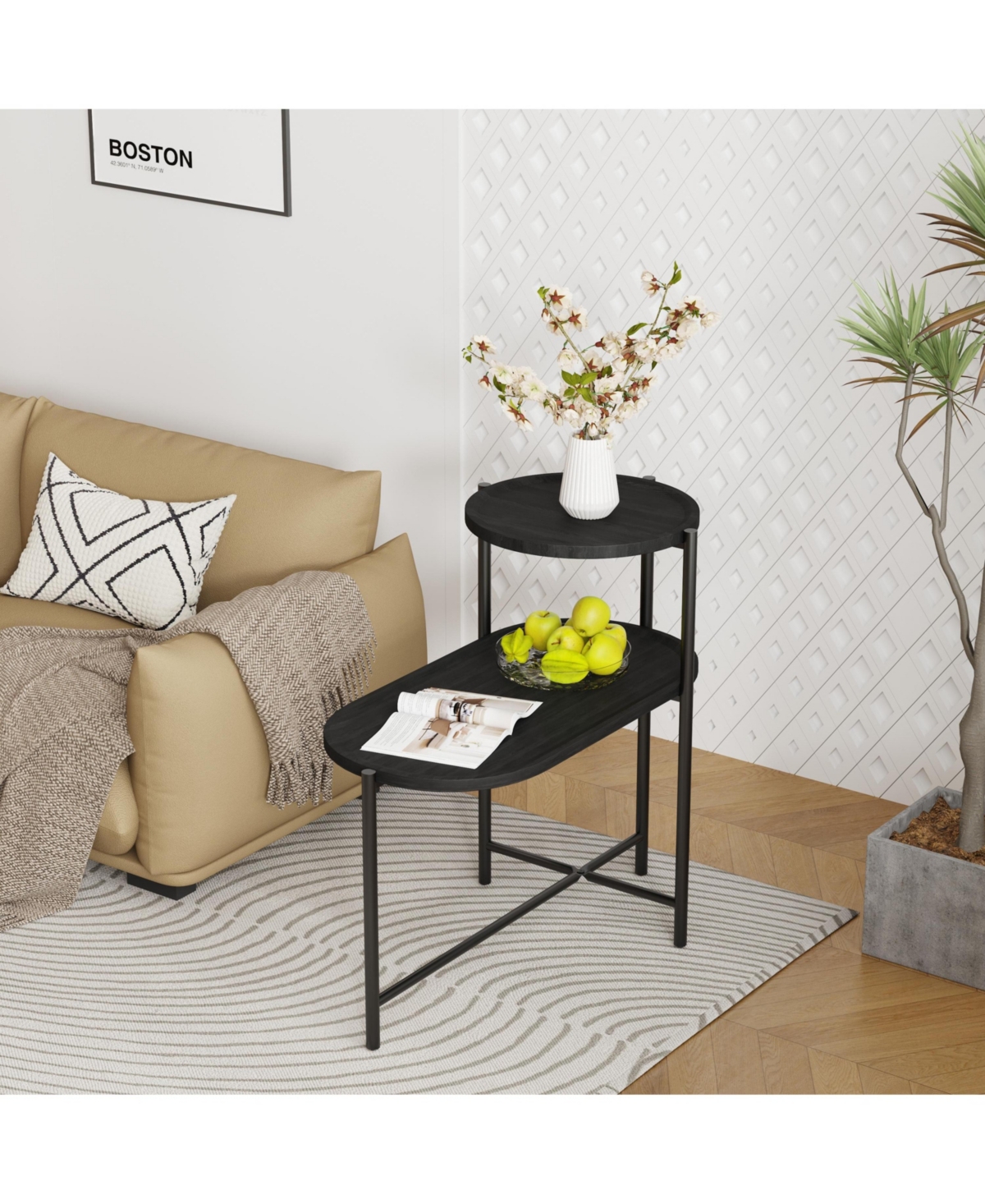 Flynama 2-Tier Round, Oval Side Table, Metal Frame