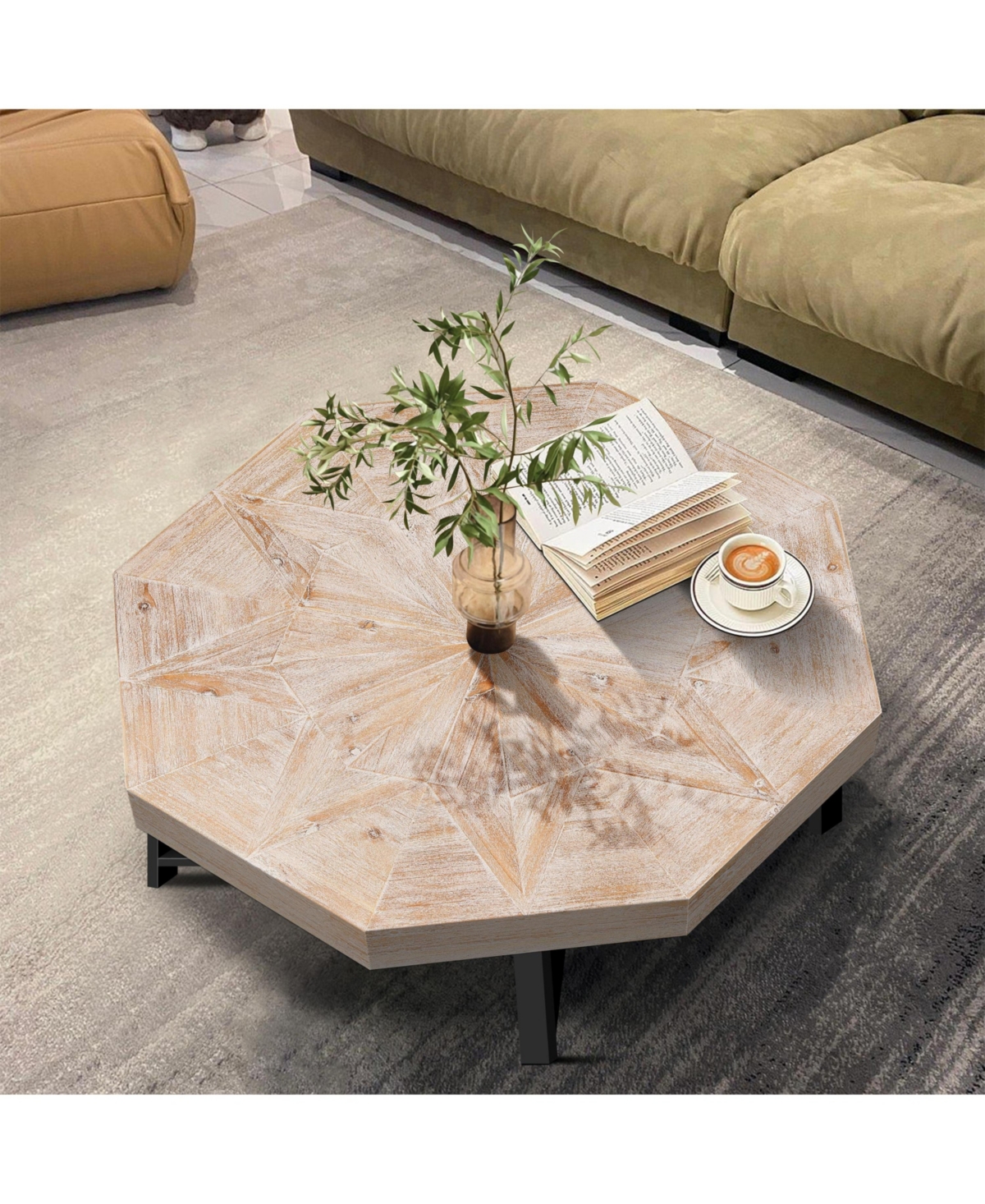 Flynama 30 Inch Octagonal Patchwork Coffee Table, Antique Wood