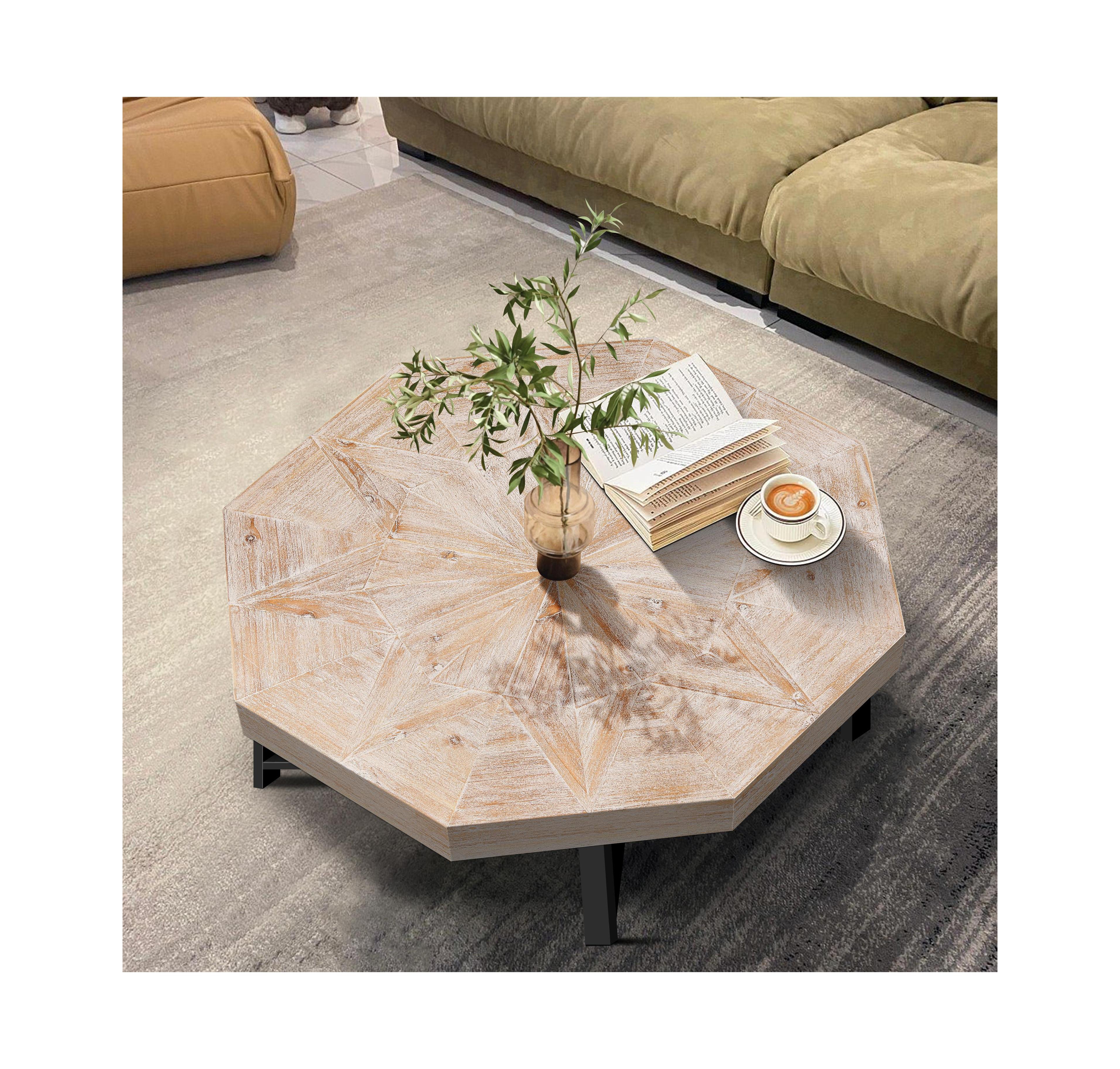 Flynama 30 Inch Octagonal Patchwork Coffee Table, Antique Wood