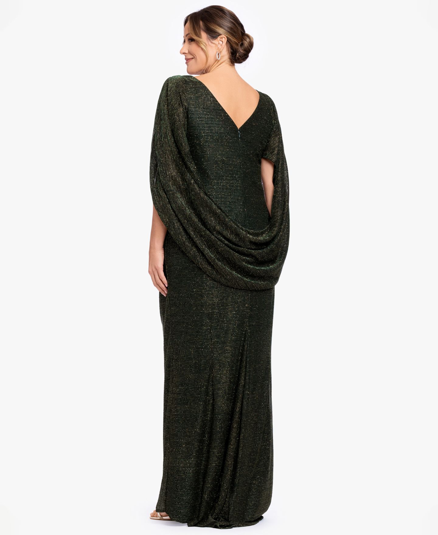 Женские платья Betsy & Adam Metallic Glitter-Crinkle Draped-Back Gown, цвет: Зелёный золотой — фото 5