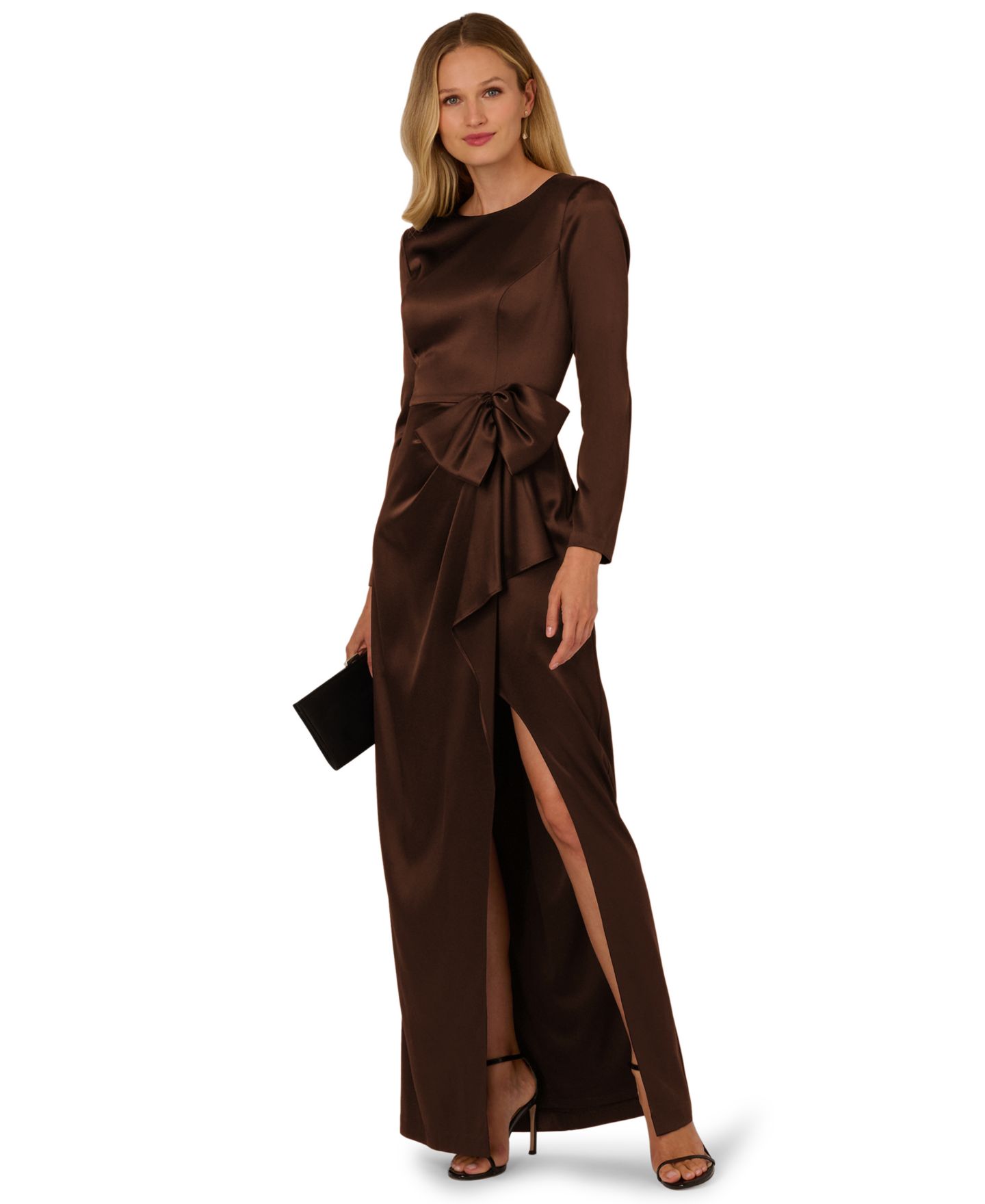 Женское платье Adrianna Papell Long-Sleeve Ruffle Bow Boat Neck, цвет: Шоколадный — фото 2