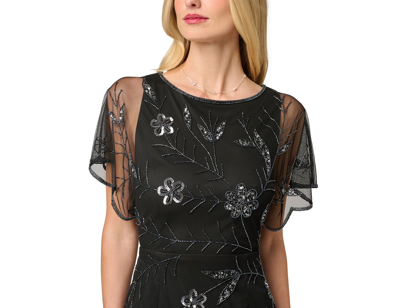 Женское платье Adrianna Papell Sheer-Flutter-Sleeve Floral-Print Beaded, цвет: Чёрный / Графитовый — фото 3