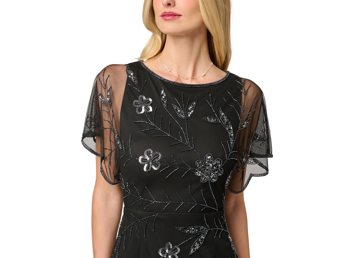 Women's Sheer-Flutter-Sleeve Floral-Print Beaded Dress