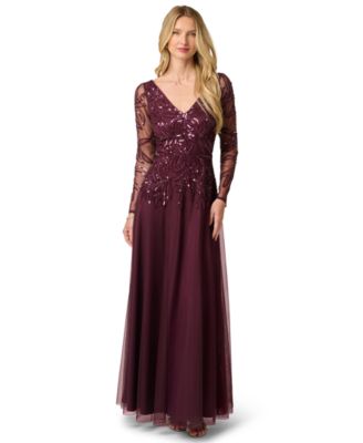 Women's Beaded V-Neck Long-Sleeve Dress