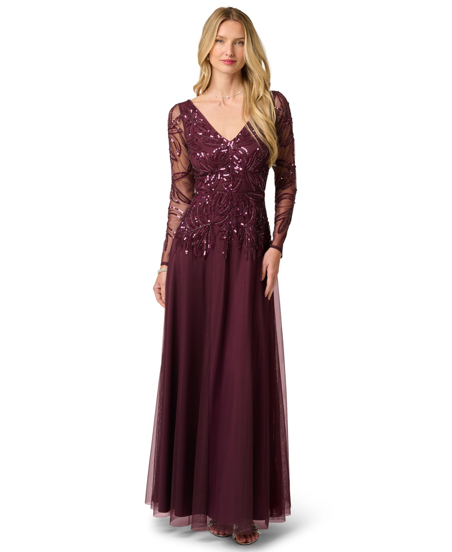 Women's Beaded V-Neck Long-Sleeve Dress