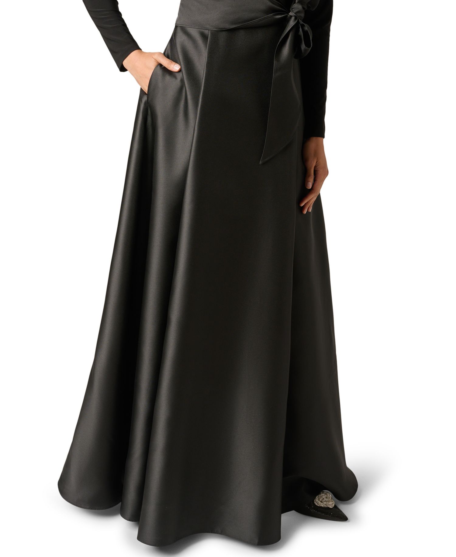 Women's Tuxedo Combo Fit and Flare Long-Sleeve Shawl Collar Satin Gown