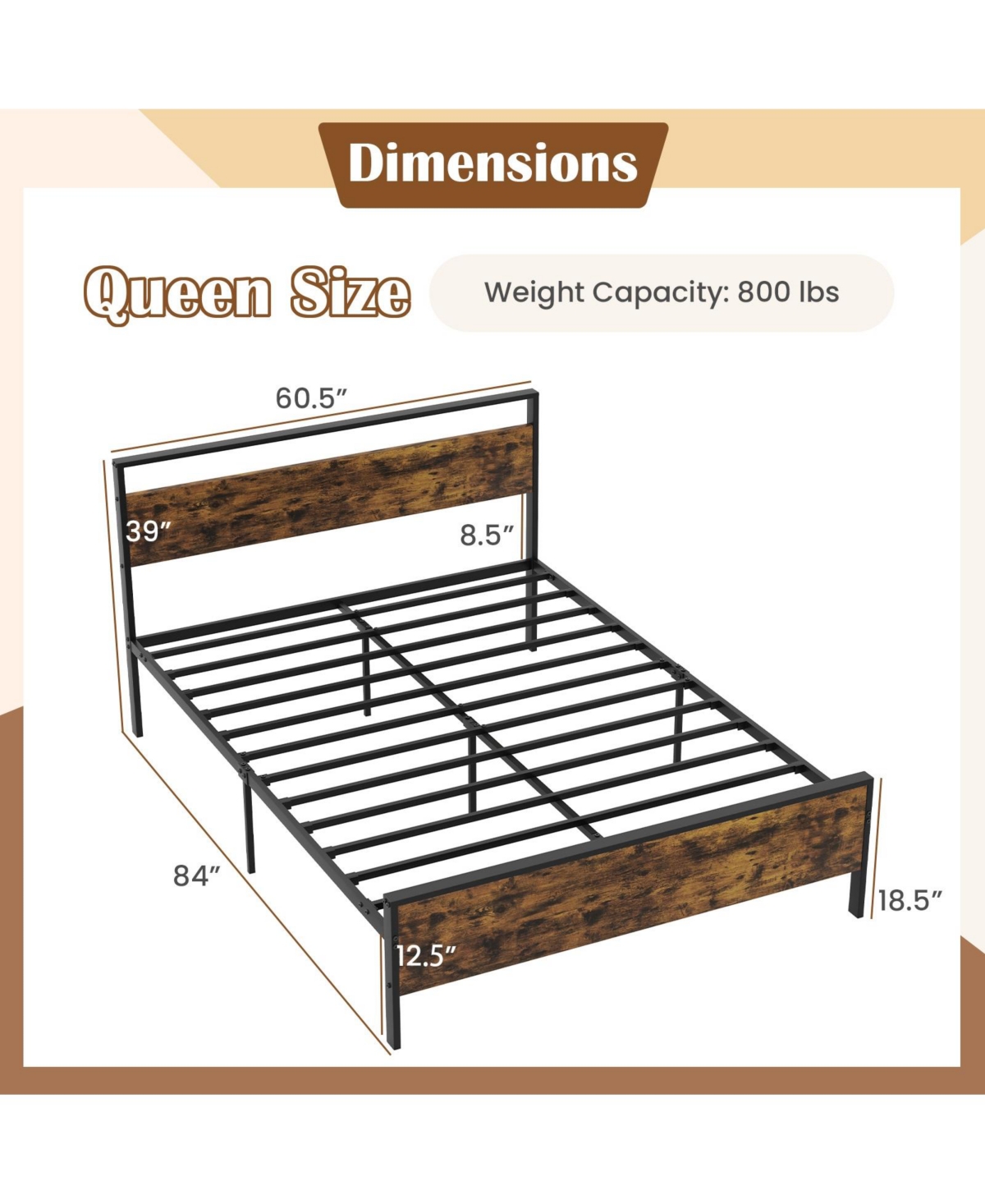 Slickblue Metal Platform Bed Frame with Wooden Headboard