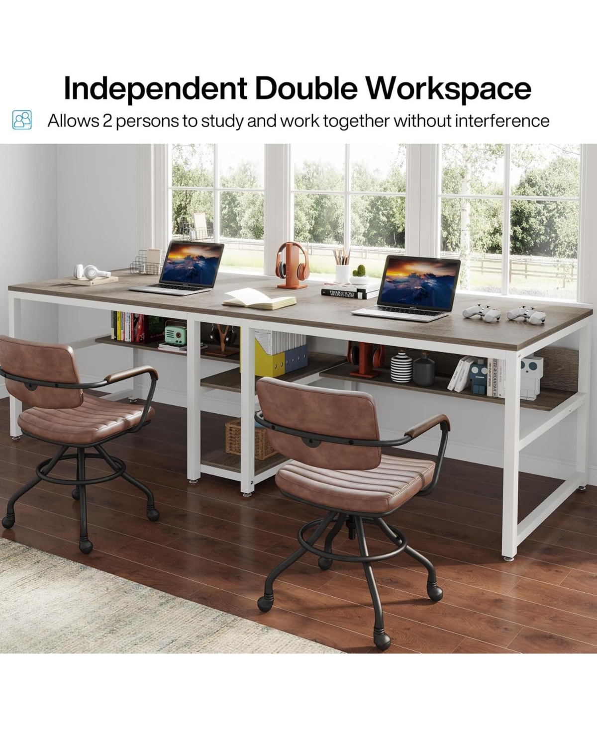 Tribesigns 78.7" Two Person Desk with Bookshelf