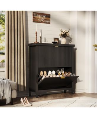 Striped freestanding entryway shoe cabinet with double-layer flip drawers, adjustable shelves and dust-proof back panel