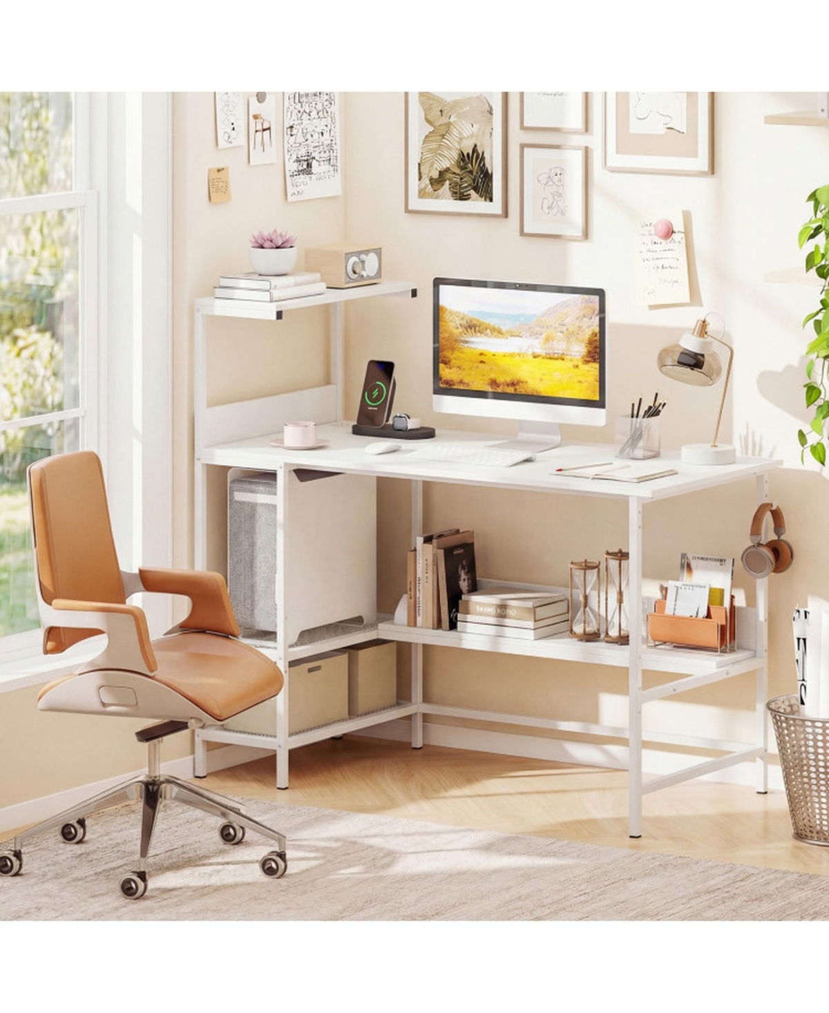 Sugift Computer Desk with Power Outlets and Storage Shelves
