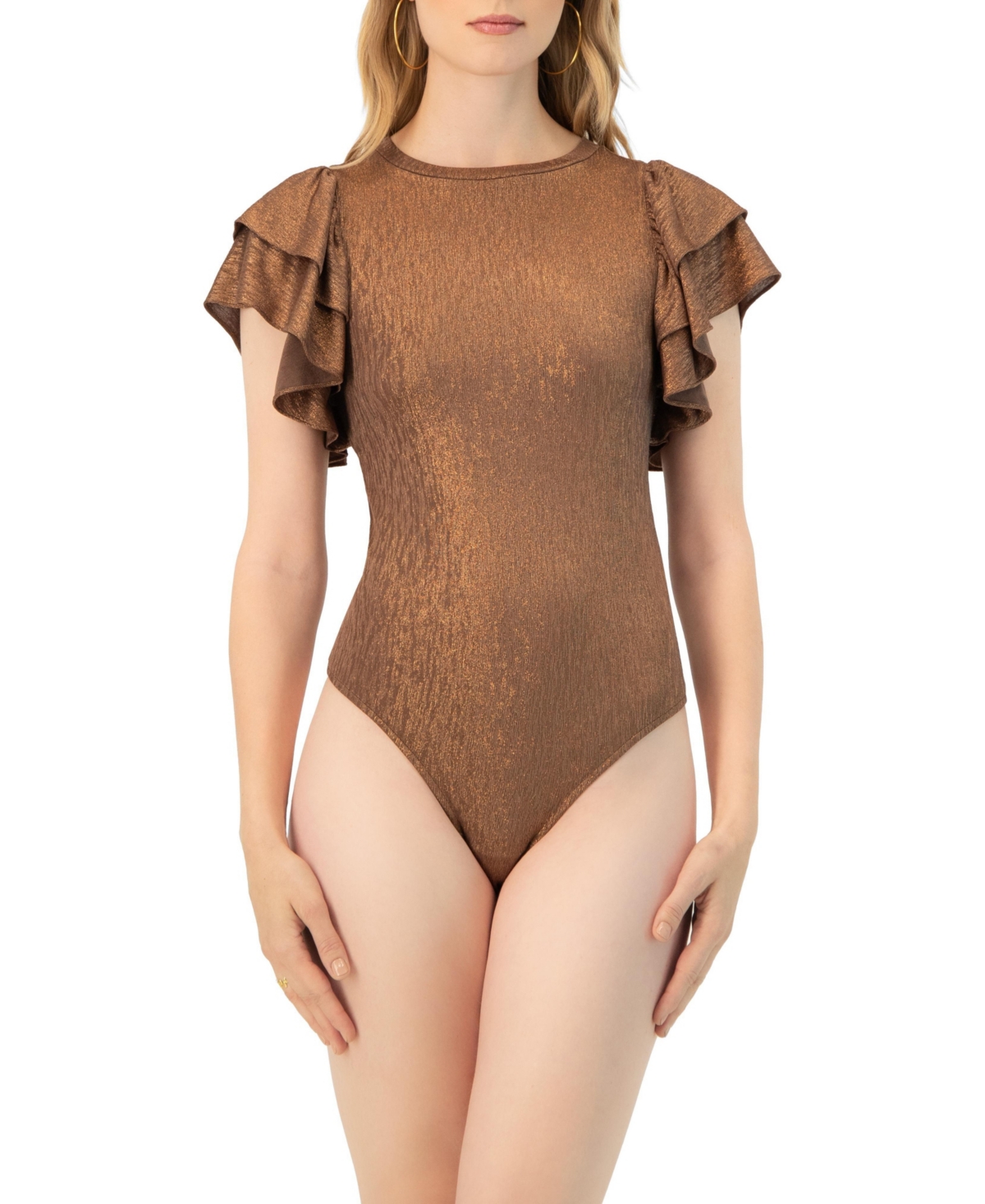 Ivonne Women's Ruffled Sleeve Round Neck Bodysuit - Copper