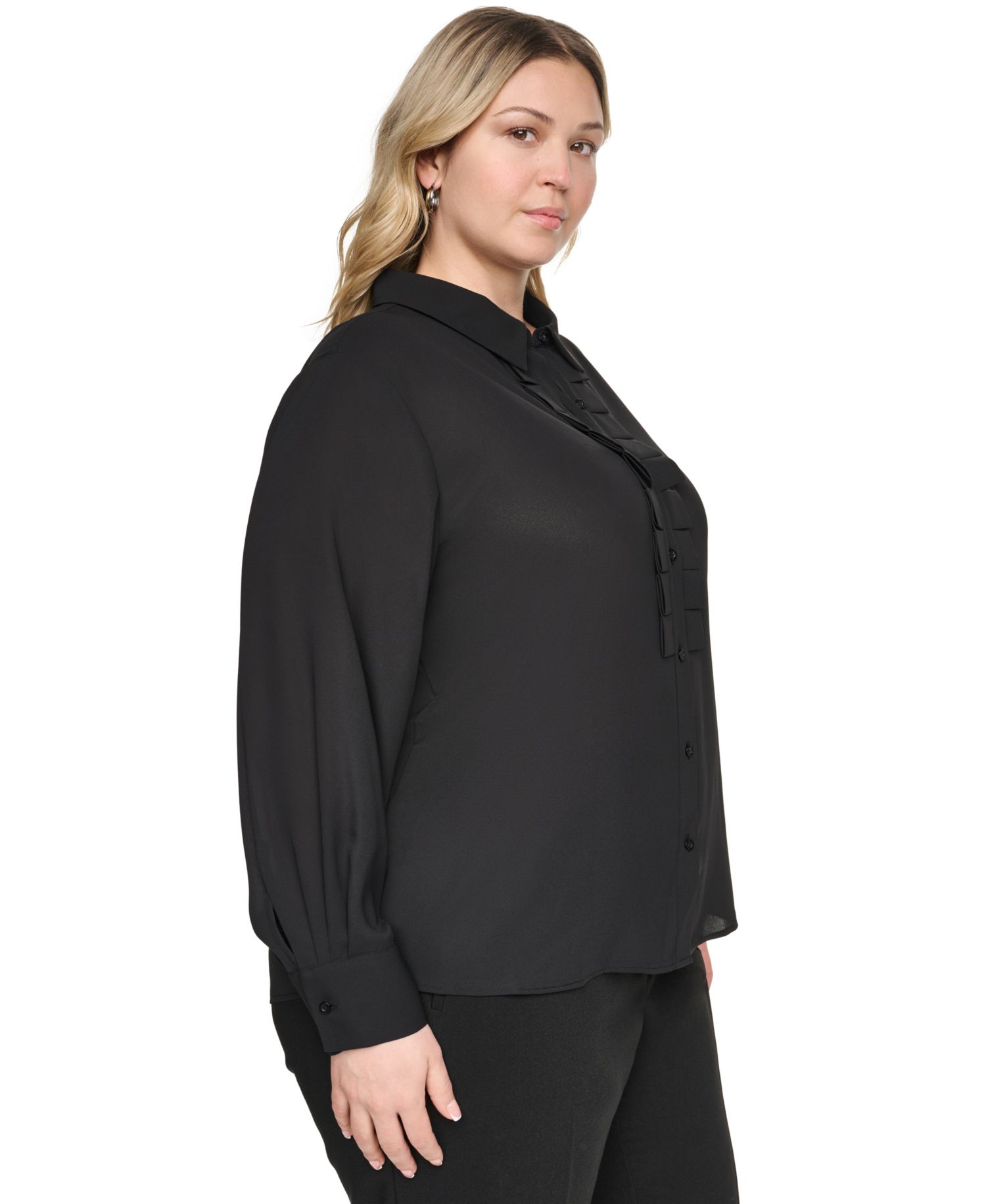 Plus Size Long-Sleeve Collared Pleated Blouse