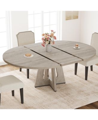 47-63 Inch Extendable Round to Oval Farmhouse Dining Table with Wood Cross Base, Seats 4-8,Grey