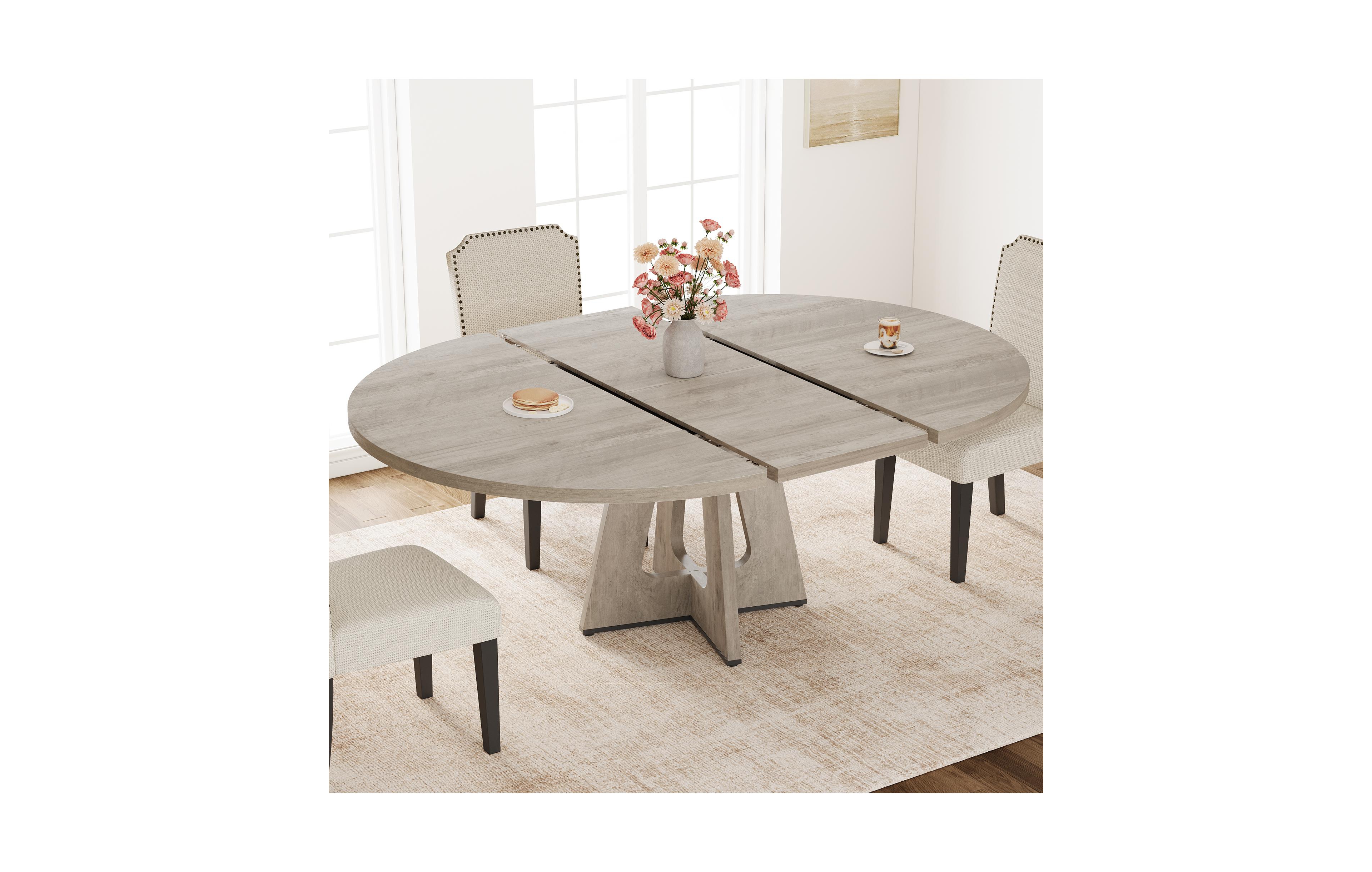 47-63 Inch Extendable Round to Oval Farmhouse Dining Table with Wood Cross Base, Seats 4-8,Grey