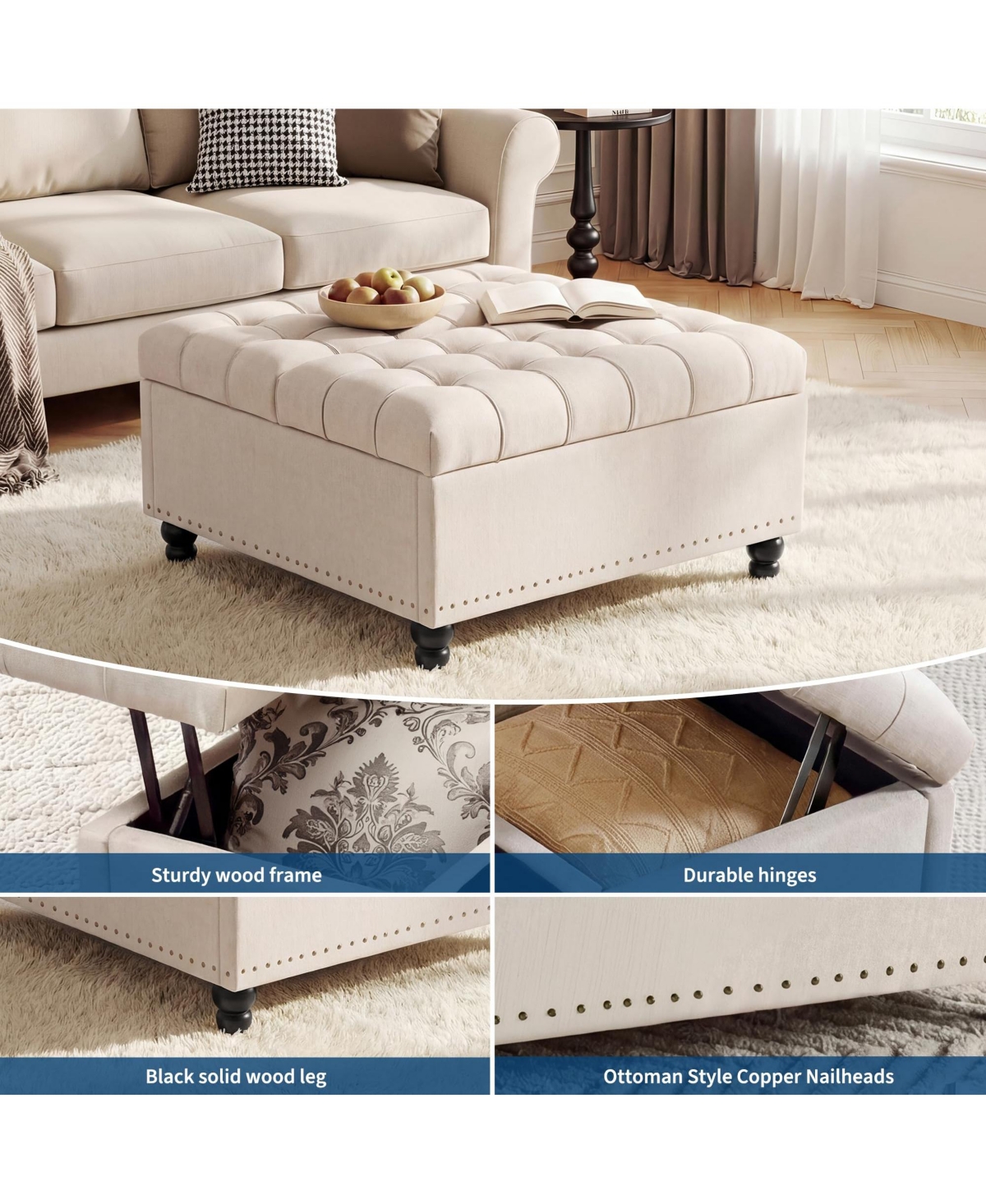 35" x 35" x 18" Storage Ottoman Bench with Flip-Top, Linen Upholstered Chest and Rubber Wood Legs, for Bedroom Entryway Living Room, Beige