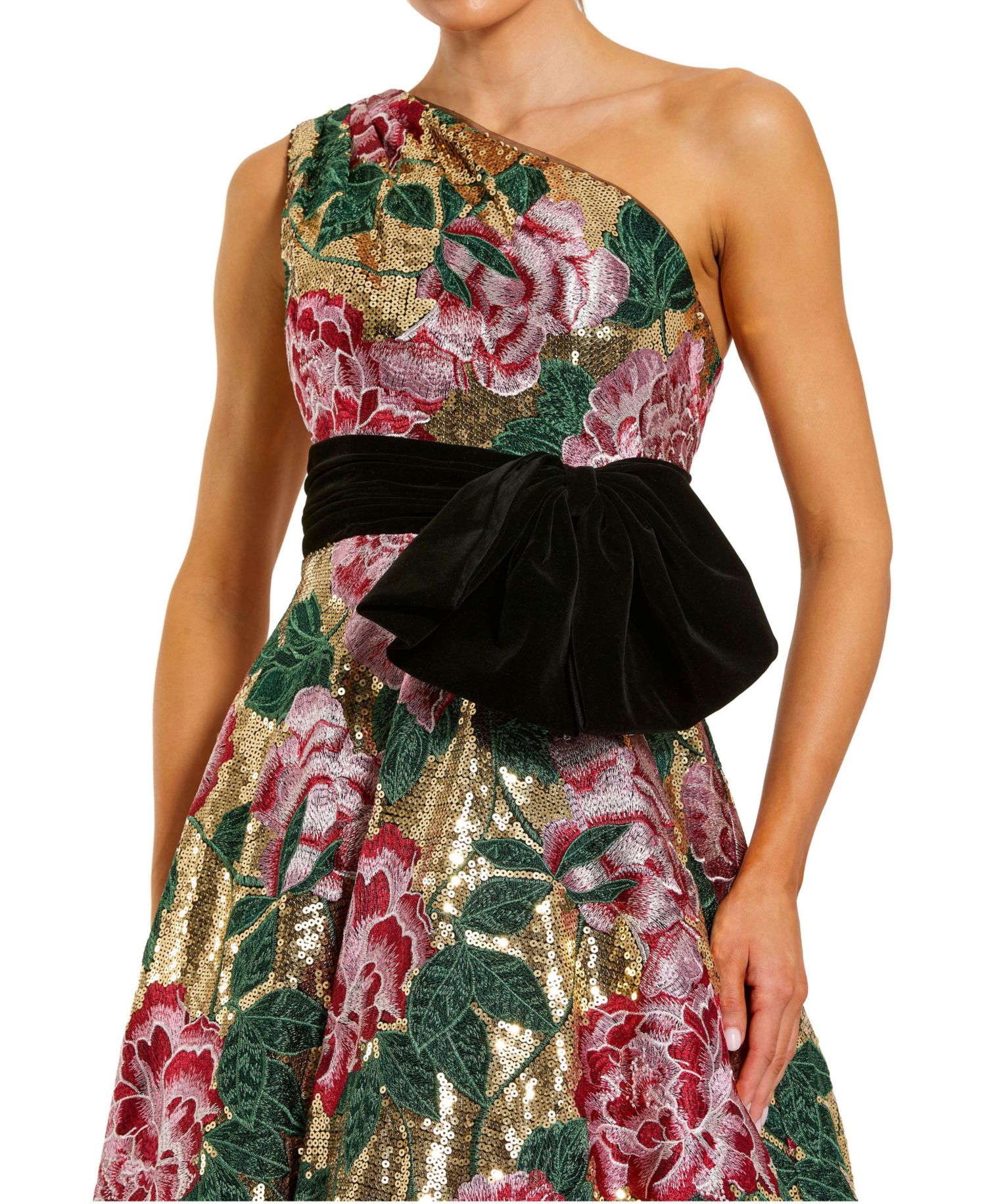 Women's One-Shoulder Floral Sequin Ball Gown with Velvet Bow