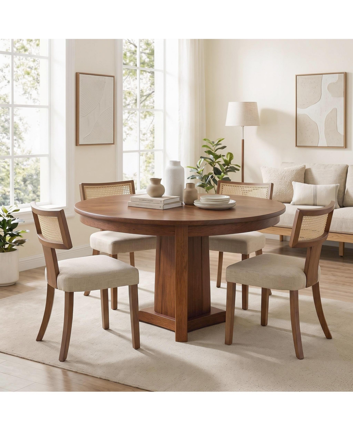 4 Set of Modern Rattan Dining Chairs, Linen Upholstered Ergonomic Chairs with Curved Backrest and Wooden Legs, Mid-Century Farmhouse Seating for Home