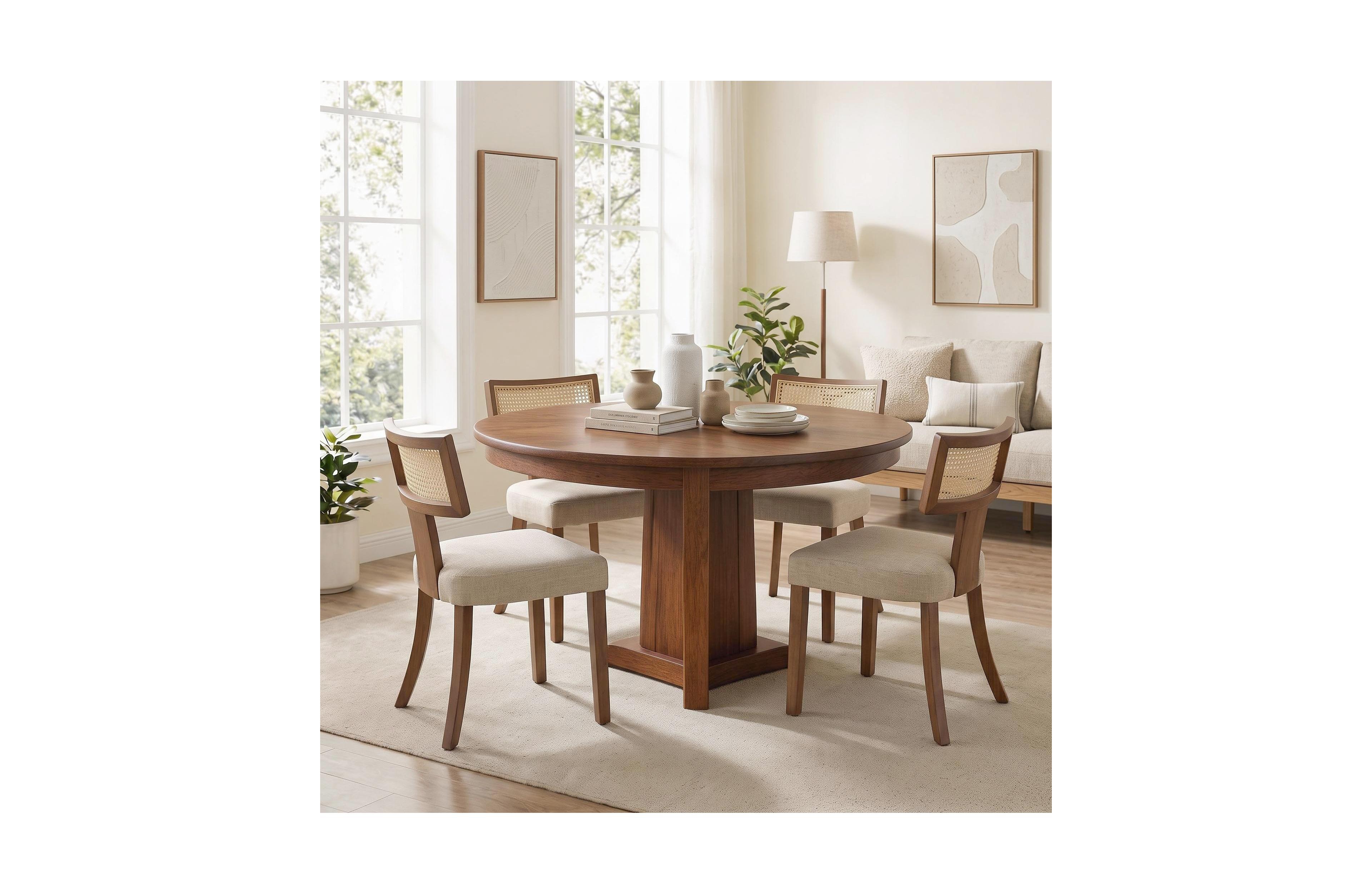 4 Set of Modern Rattan Dining Chairs, Linen Upholstered Ergonomic Chairs with Curved Backrest and Wooden Legs, Mid-Century Farmhouse Seating for Home