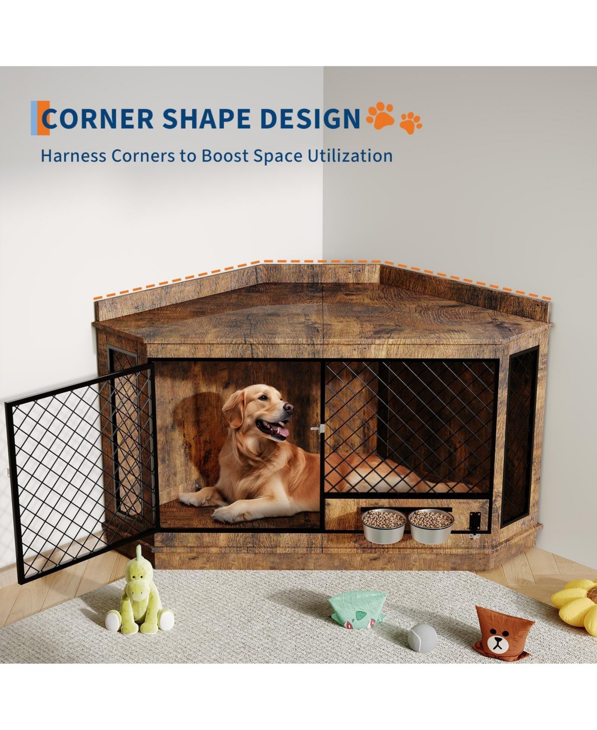 Corner Dog Crate Furniture with Rotating Feeder, 52 Inch Heavy Duty Indoor Pet Kennel House with Metal Mesh, Multi-Purpose Corner Tv Stand End Table