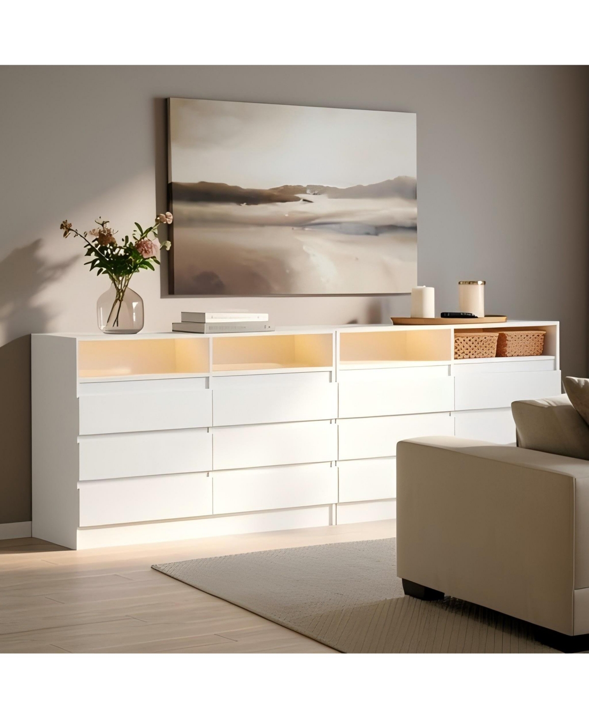 47 x 16 x 31.5 in Pack of 2 Six Drawer Dresser with Led Lights and Outlets, Engineered Wood Chest of Drawers for Bedroom, White
