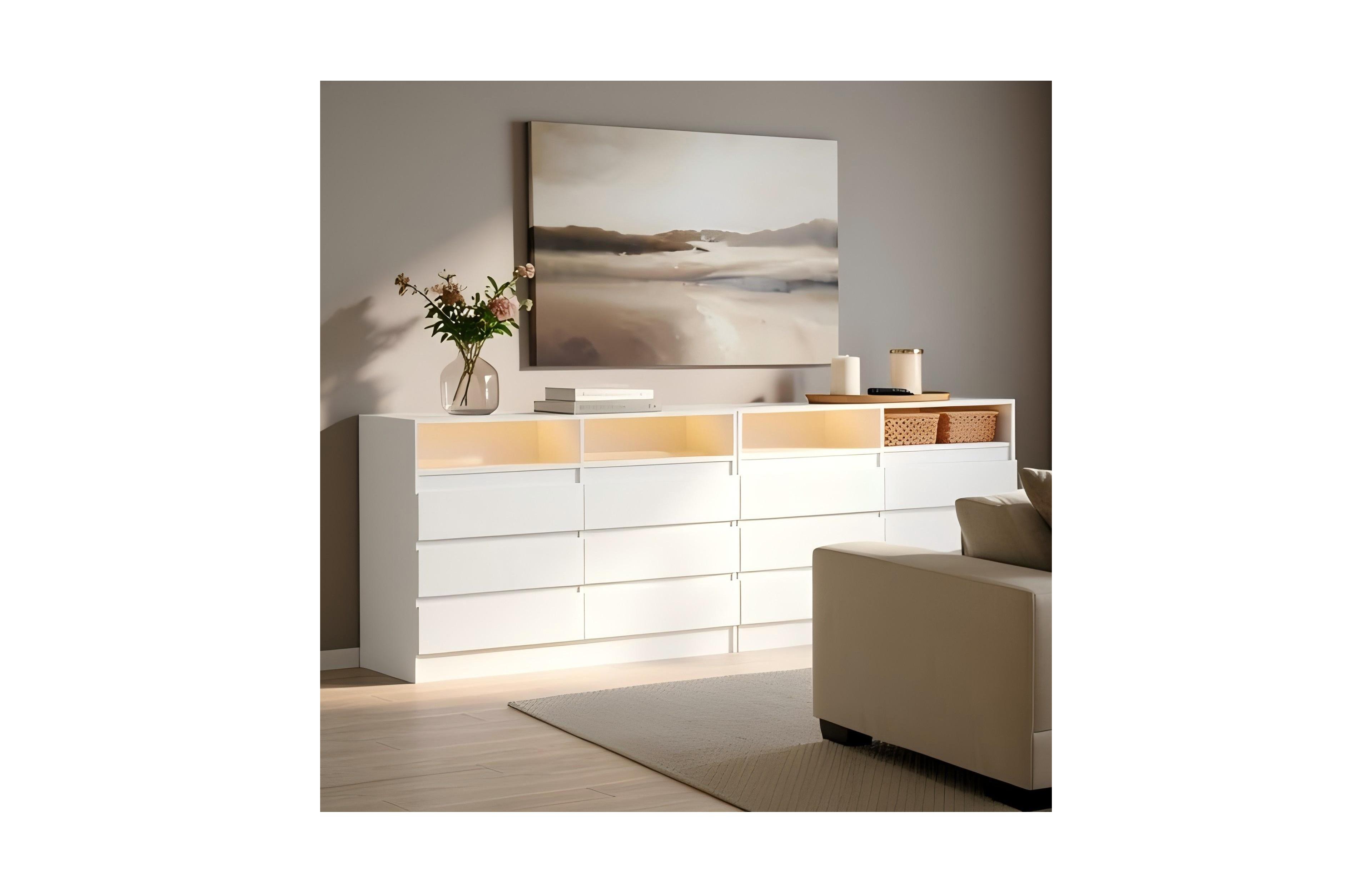 47 x 16 x 31.5 in Pack of 2 Six Drawer Dresser with Led Lights and Outlets, Engineered Wood Chest of Drawers for Bedroom, White