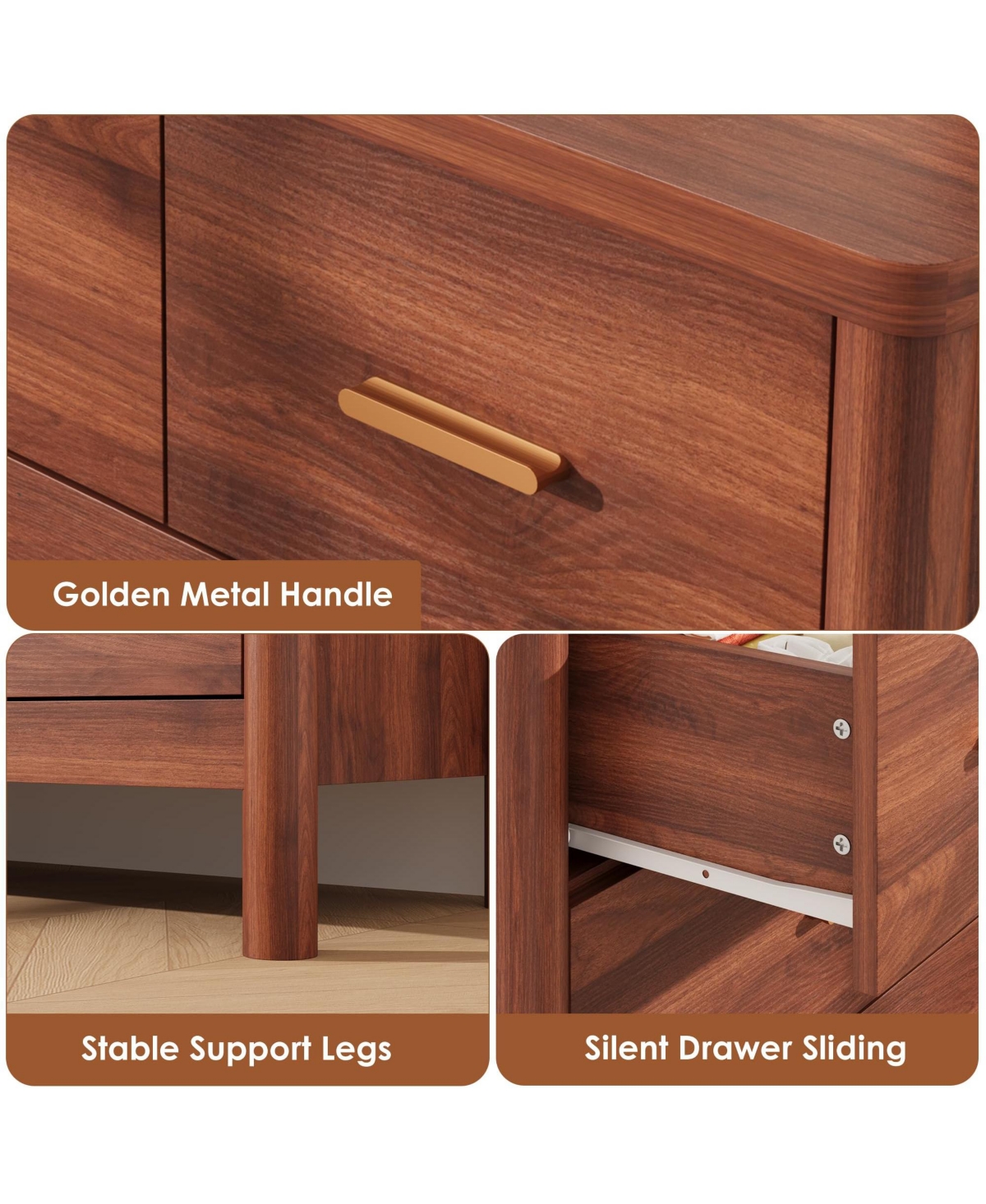 9 Drawer Dresser, Modern Storage Chest of Drawers, Freestanding Organizer with Cylindrical Legs, Metal Handles and Anti-Tip, for Bedroom, Living Room