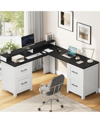 L-Shaped Executive Desk, 63" MDF Corner Computer Desk with Monitor Stand, 4 File Drawers, Power Outlets, Ample Storage for Home Office Gaming Study