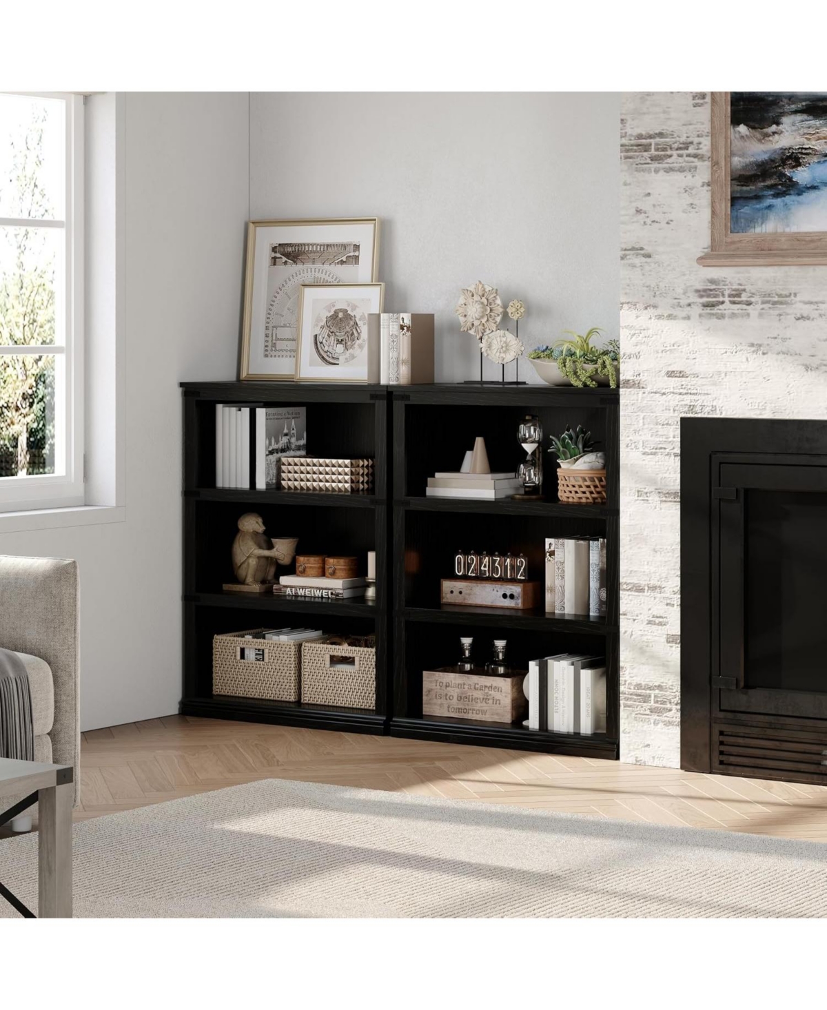 3-Tier Farmhouse Wooden Bookcase, Tall Open Bookshelf, Rustic Black, 40" H x 31.5" W x 12.8" D