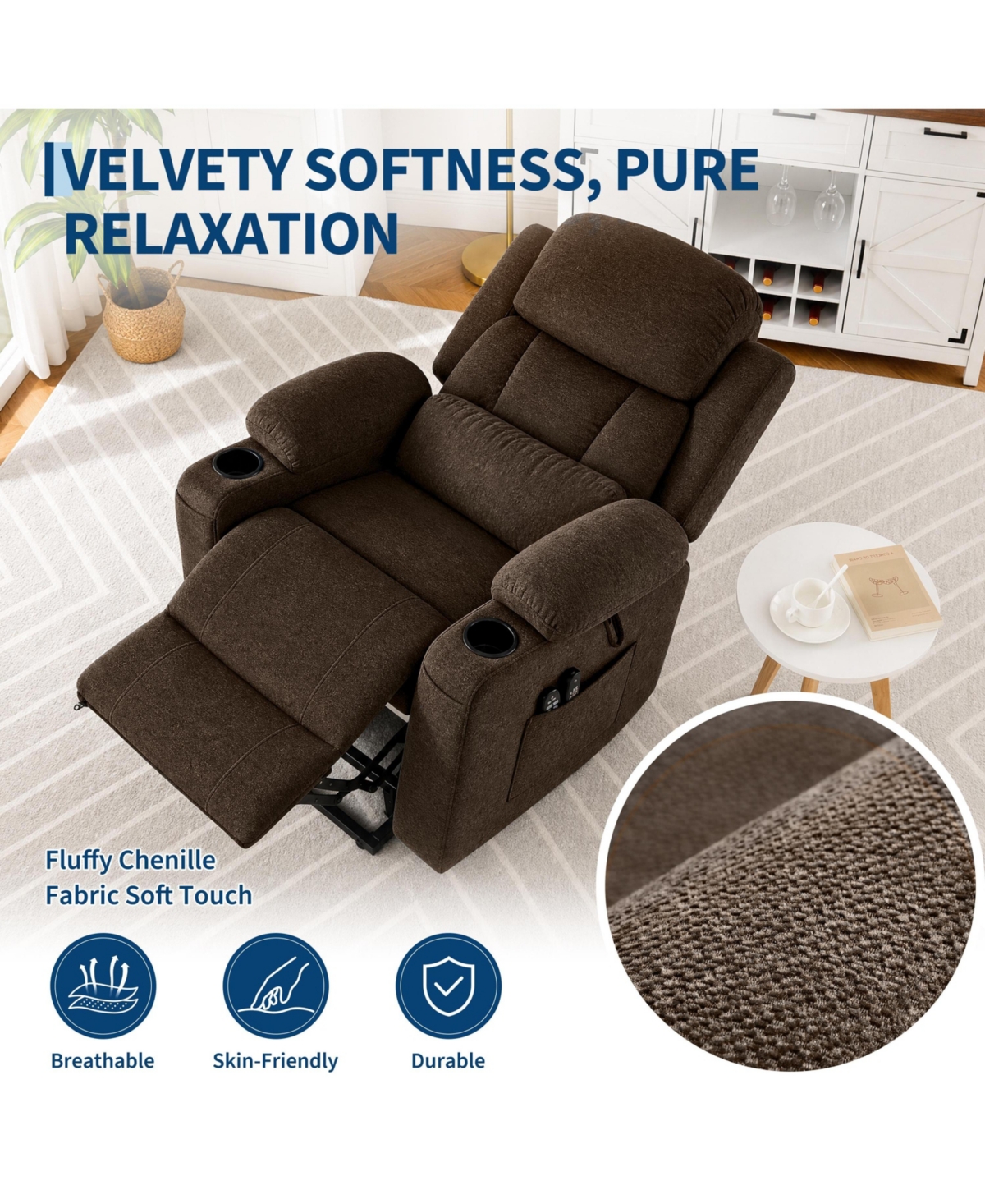 Oversized Chenille Power Lift Recliner with Heat, Massage and Memory Remote, Usb, Cup Holders,Brown
