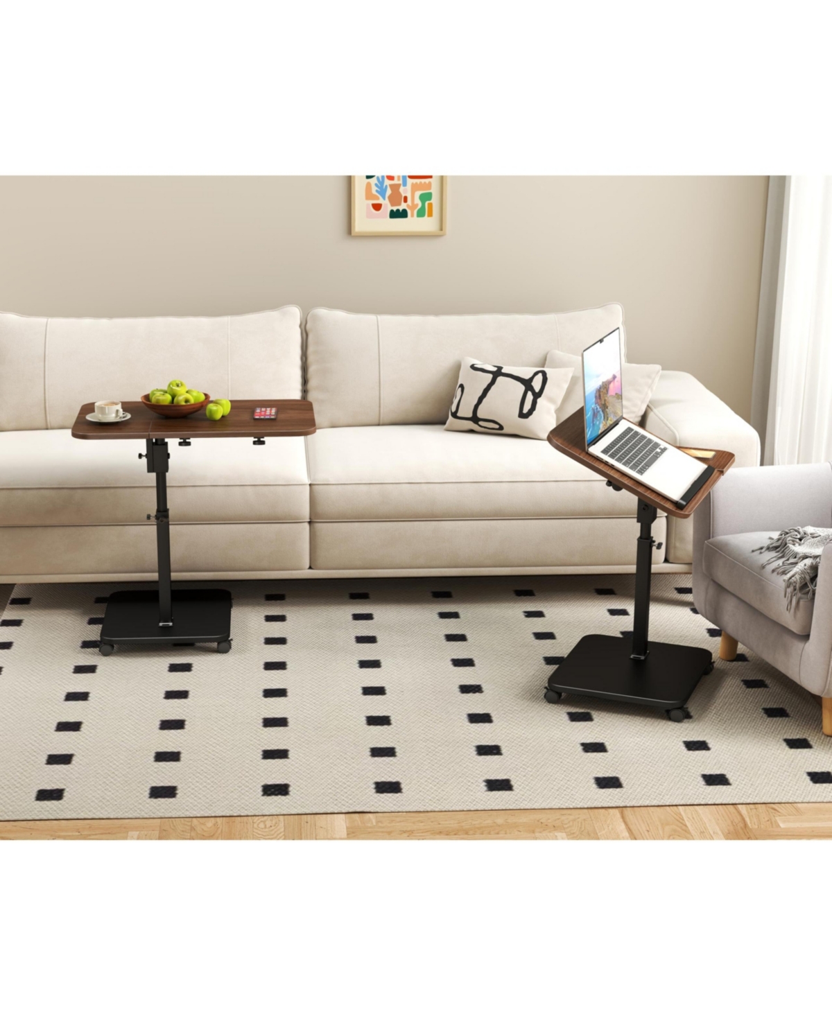 Adjustable Height C-Shaped End Table with Wheels and 180degree(s) Swivel, Slide Under Sofa Tv Tray,Brown