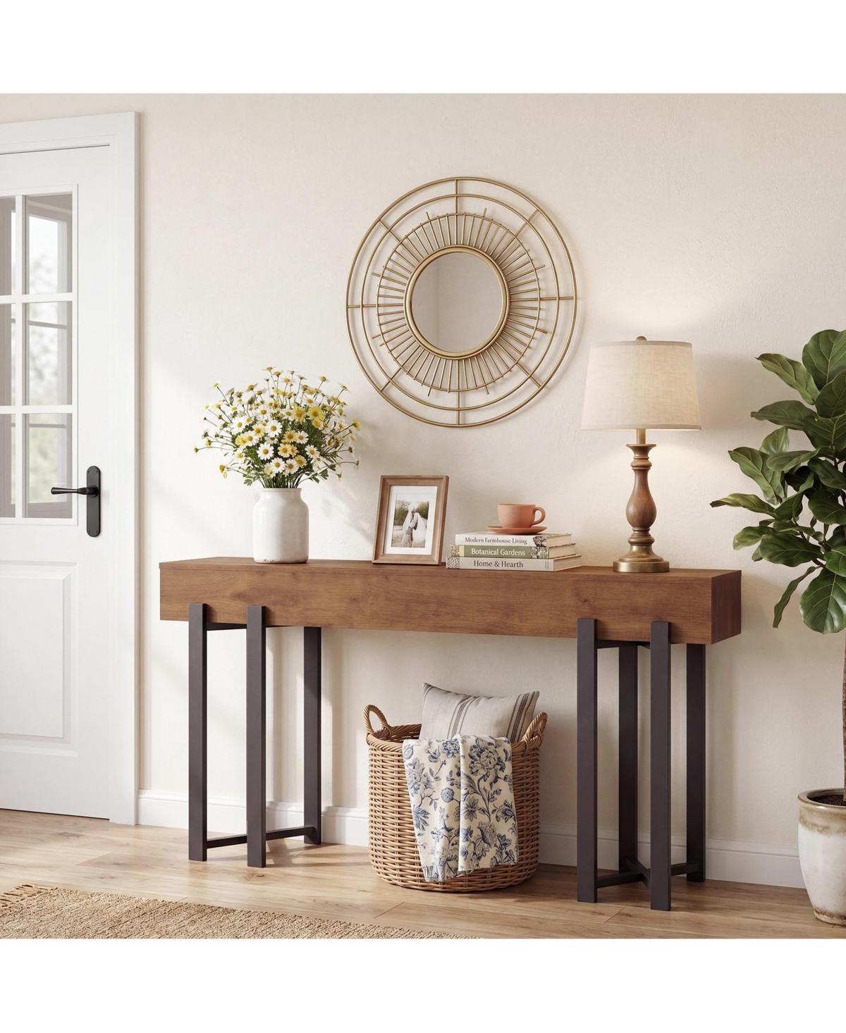 63" Modern Console Table, Wood Entryway Table with Metal Legs, Narrow Behind Couch Table, Rustic Brown/Black
