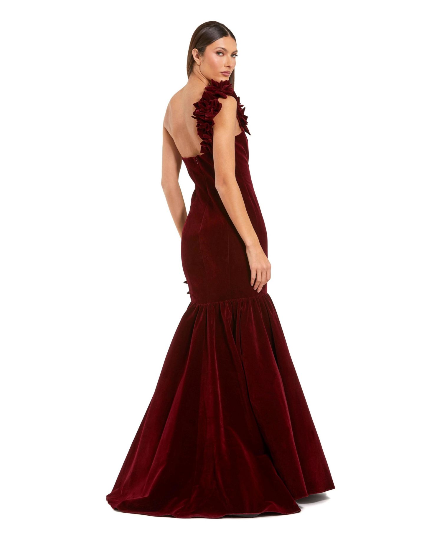 Women's Mermaid One-Shoulder Velvet Gown with Floral Appliques