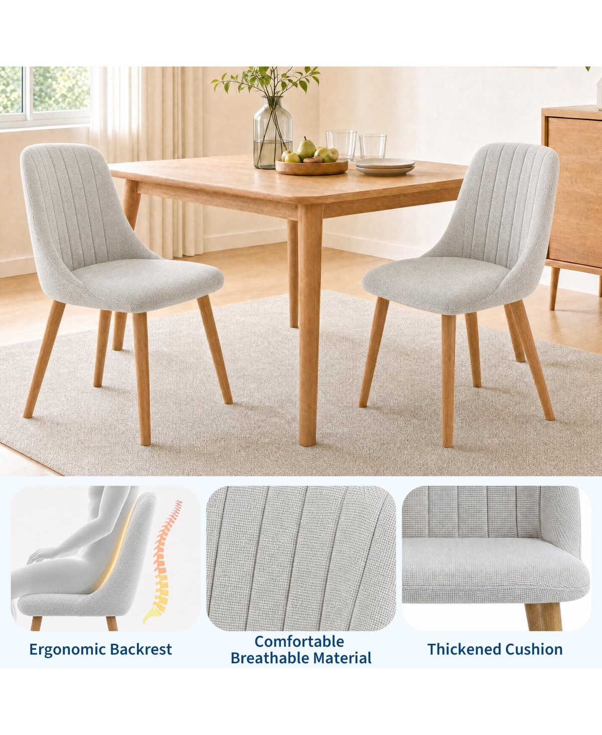 Set of 2 Upholstered Dining Chairs, Fabric Covered Seats with Ergonomic Curved Backrest, Wood Legs, Easy-Clean Surface, 300 lbs Load Capacity