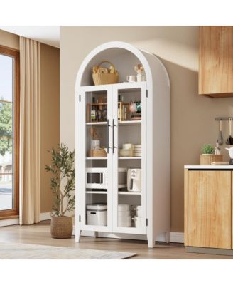 Arched Kitchen Pantry Cabinet, Farmhouse 5 Tier Display Shelf with Adjustable Shelf and 2 Large Glass Doors, Versatile Cupboard for Kitchen