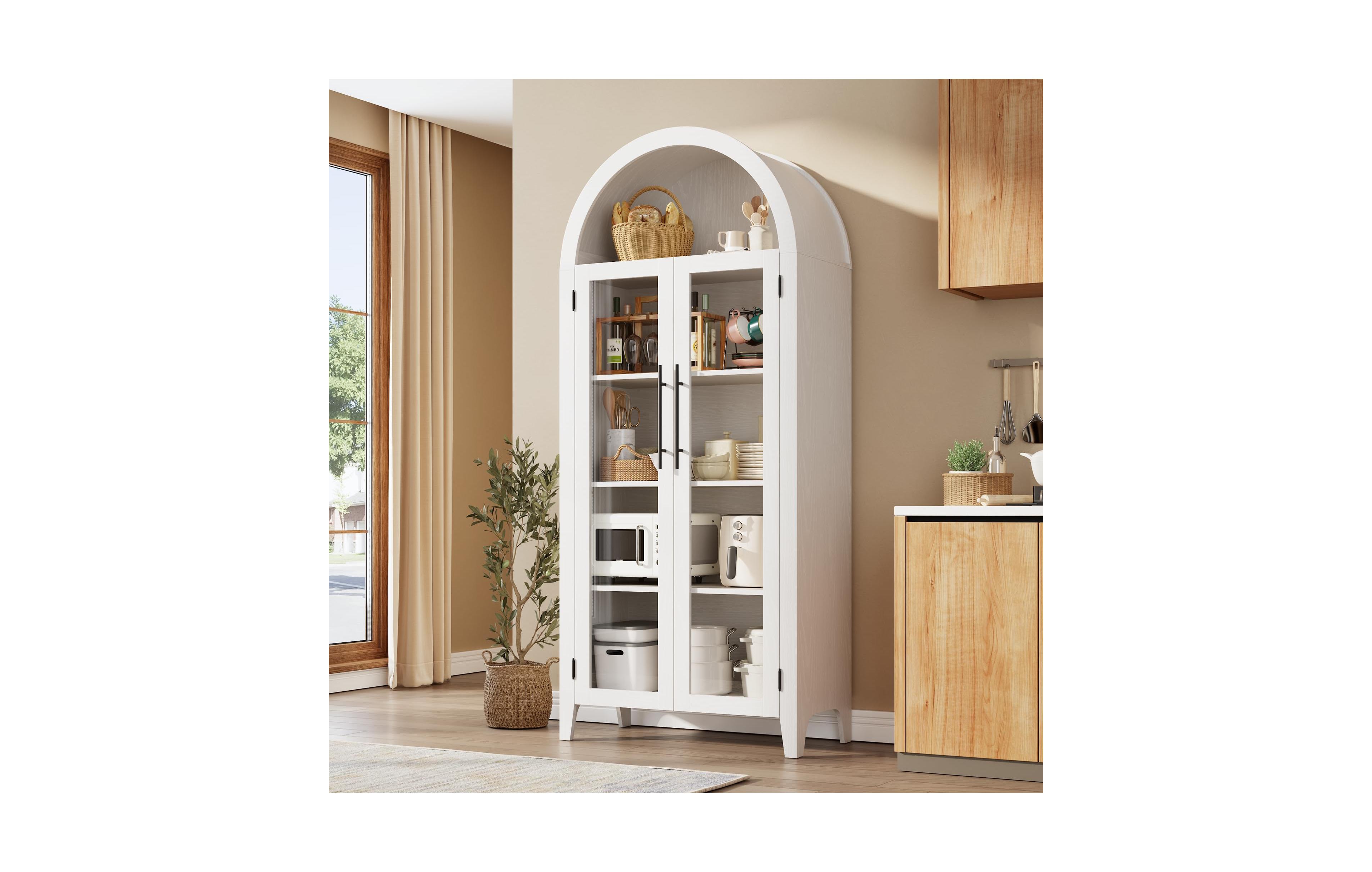 Arched Kitchen Pantry Cabinet, Farmhouse 5 Tier Display Shelf with Adjustable Shelf and 2 Large Glass Doors, Versatile Cupboard for Kitchen