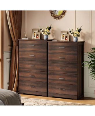 Dresser Set of 2 Mid-Century Modern 5-Drawer Chest Wood Storage Cabinet with Metal Handles for Bedroom Living Room Entryway Hallway