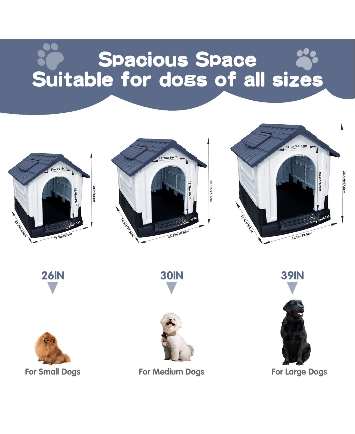Small/Medium/Large Pp Dog Crate with Roof Window, Weatherproof Indoor Outdoor Dog House for Backyard Patio