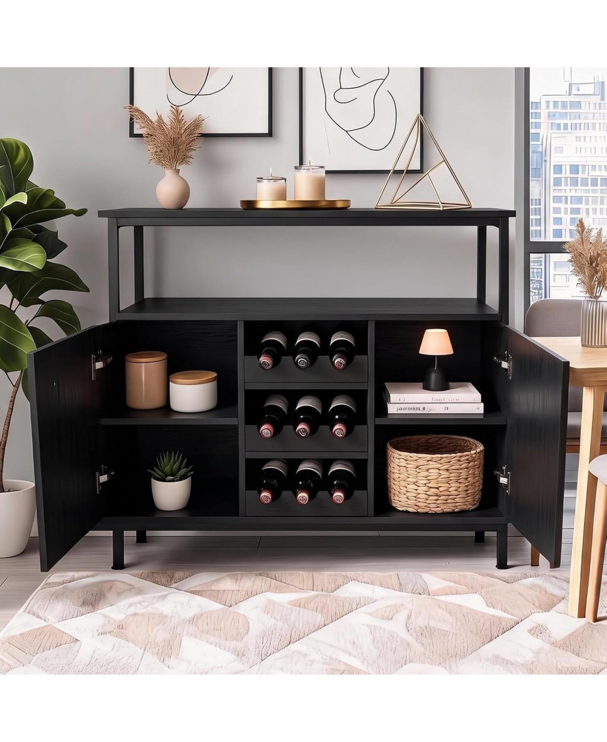 Farmhouse Sideboard Buffet Cabinet with Wine Rack and Adjustable Shelves, Kitchen Storage,Black
