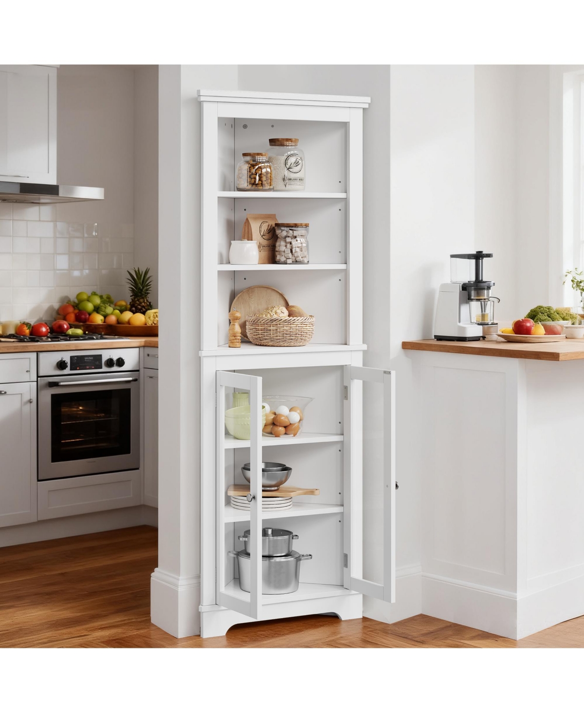 Farmhouse Corner Cabinet, 63 Inches Tall Freestanding Hutch with Glass Beadboard Doors, Adjustable Shelves, Pantry Storage Cabinet for Kitchen