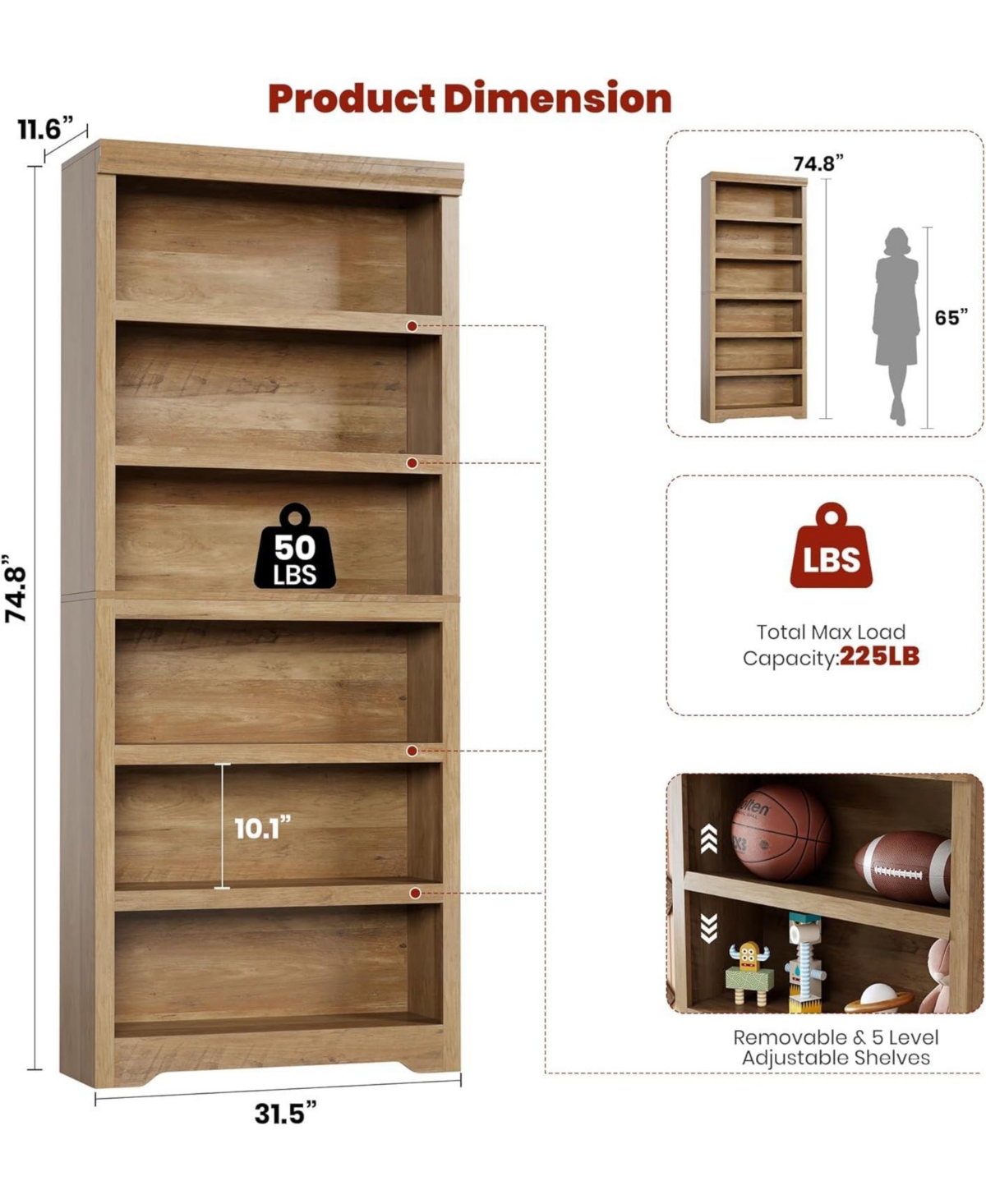 24 x 12 x 75 in 6-Tier Open Bookcase, Tall Narrow Bookshelf, Engineered Wood Storage for Living Room Home Office, White/Brown/Gray/Black