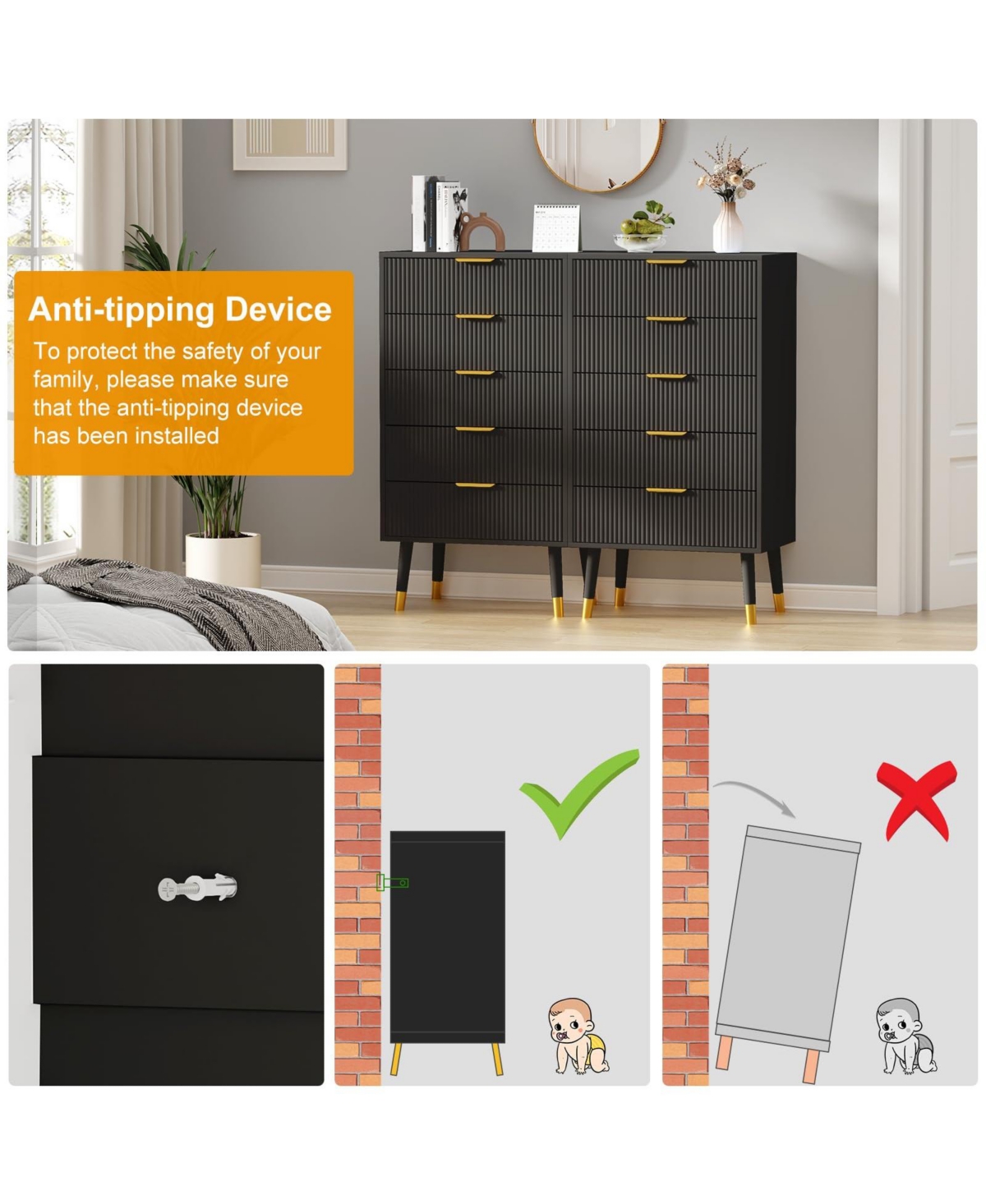 24 x 15 x 42.5 in 2-Pack 5-Drawer Chest with Gold Legs, Engineered Wood Dresser Storage for Bedroom Hallway Living Room, Black