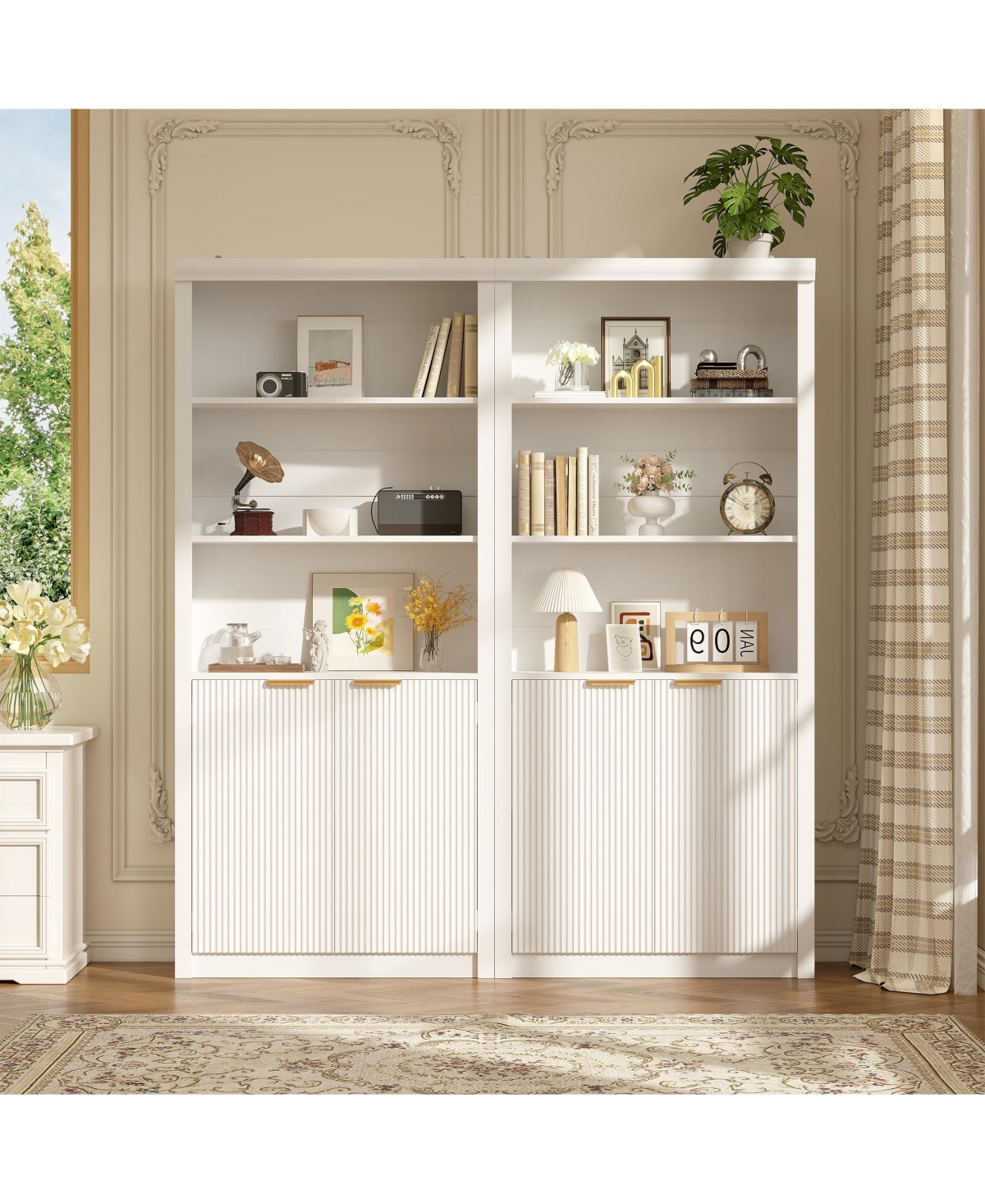 31.5 x 14 x 71 in Set of 2 Storage Cabinets with Doors and Crown Molding, Engineered Wood Tall Bookcase for Living Room Home Office, White