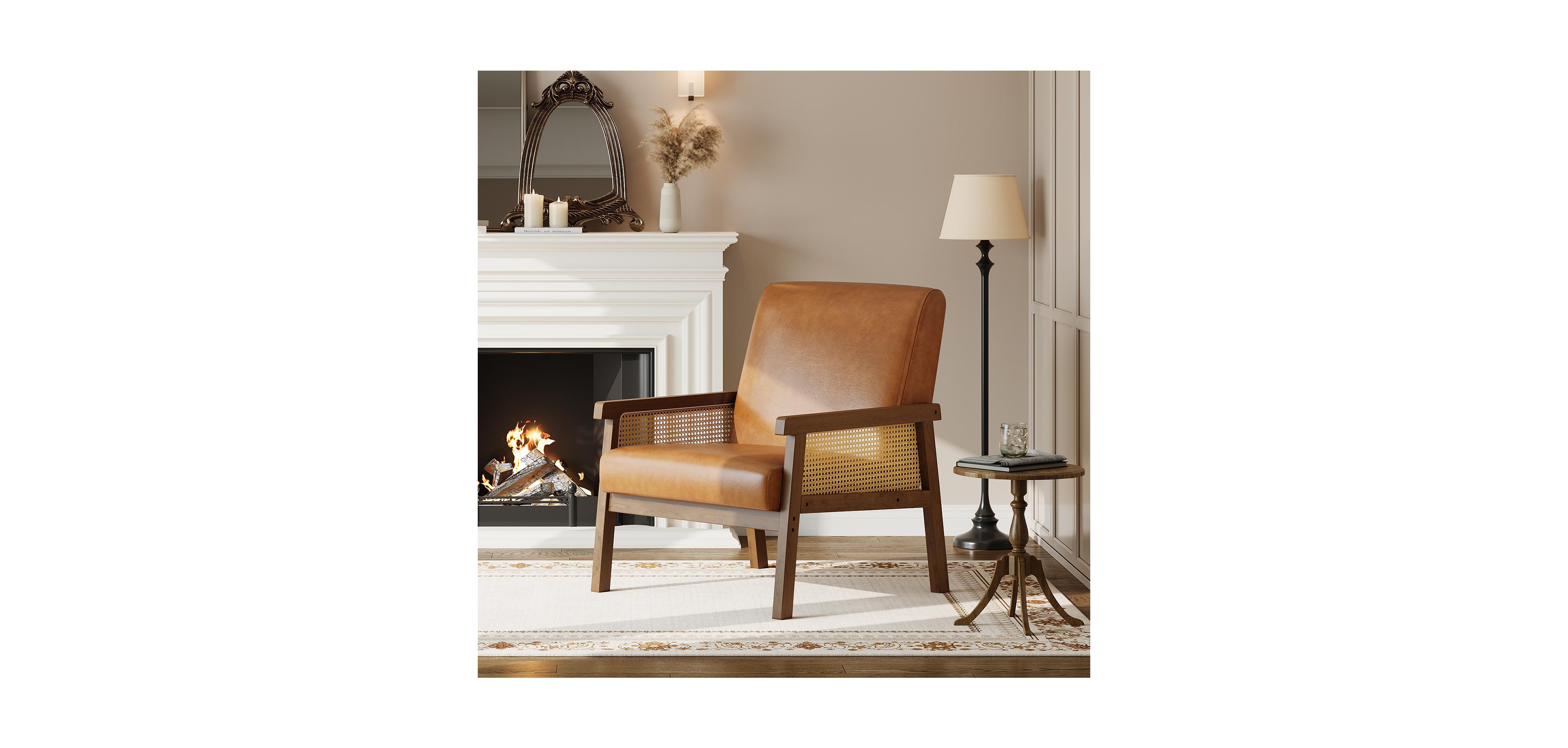 Rattan Accent Chair Contemporary High Back Wooden Frame Armchair Upholstered Boucle Pu Leather Cozy Reading Leisure for Living Room Bedroom