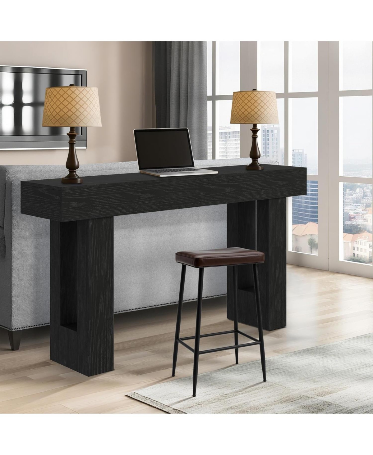 63" Black Wood Farmhouse Console Table, Narrow Sofa Table for Entryway and Living Room