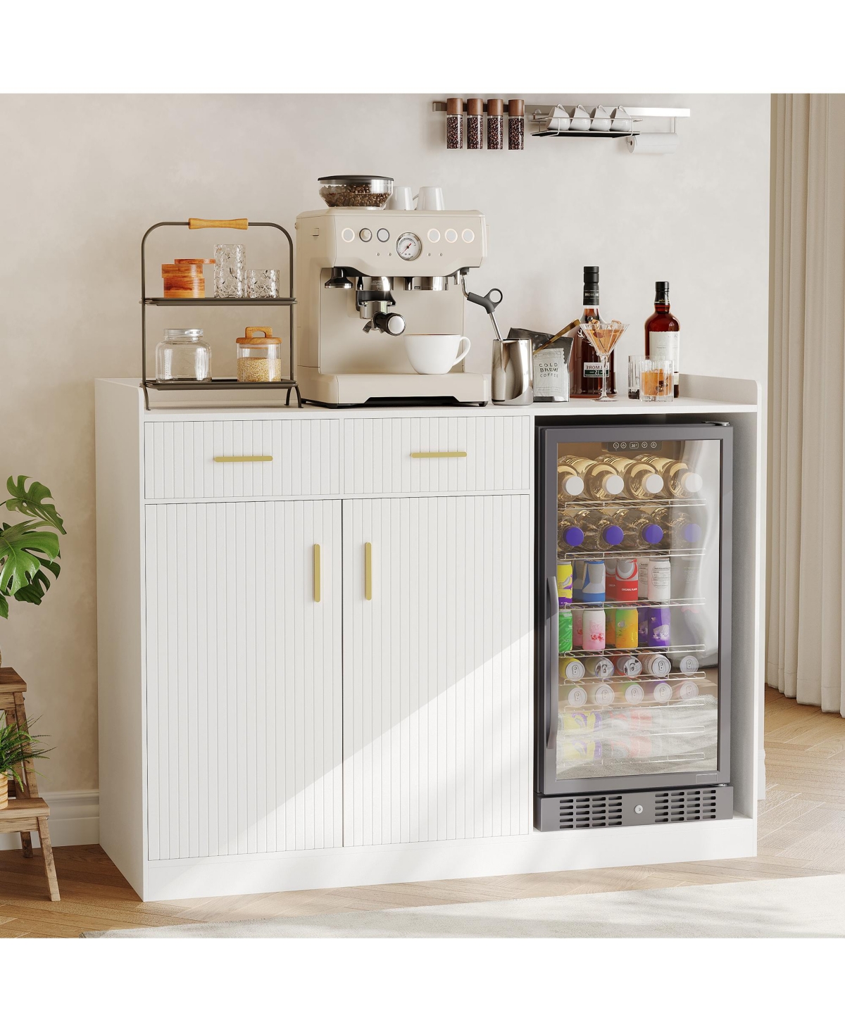 Coffee Bar Cabinet with Fridge Space, Fluted Wine Cabinet with Charging Station, Mini Fridge Cabinet Drawers Adjustable Shelf, Home Bar Dining Room