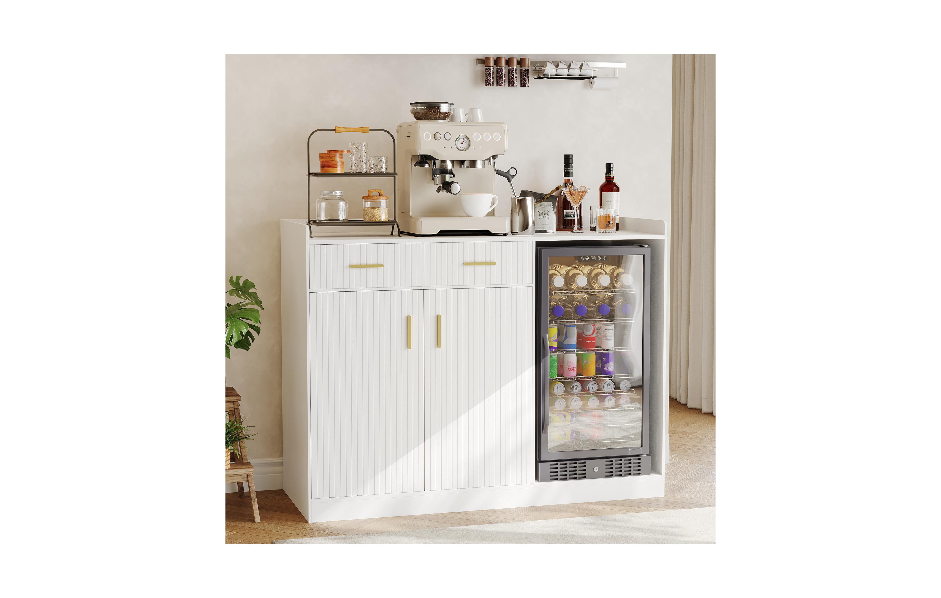 Coffee Bar Cabinet with Fridge Space, Fluted Wine Cabinet with Charging Station, Mini Fridge Cabinet Drawers Adjustable Shelf, Home Bar Dining Room
