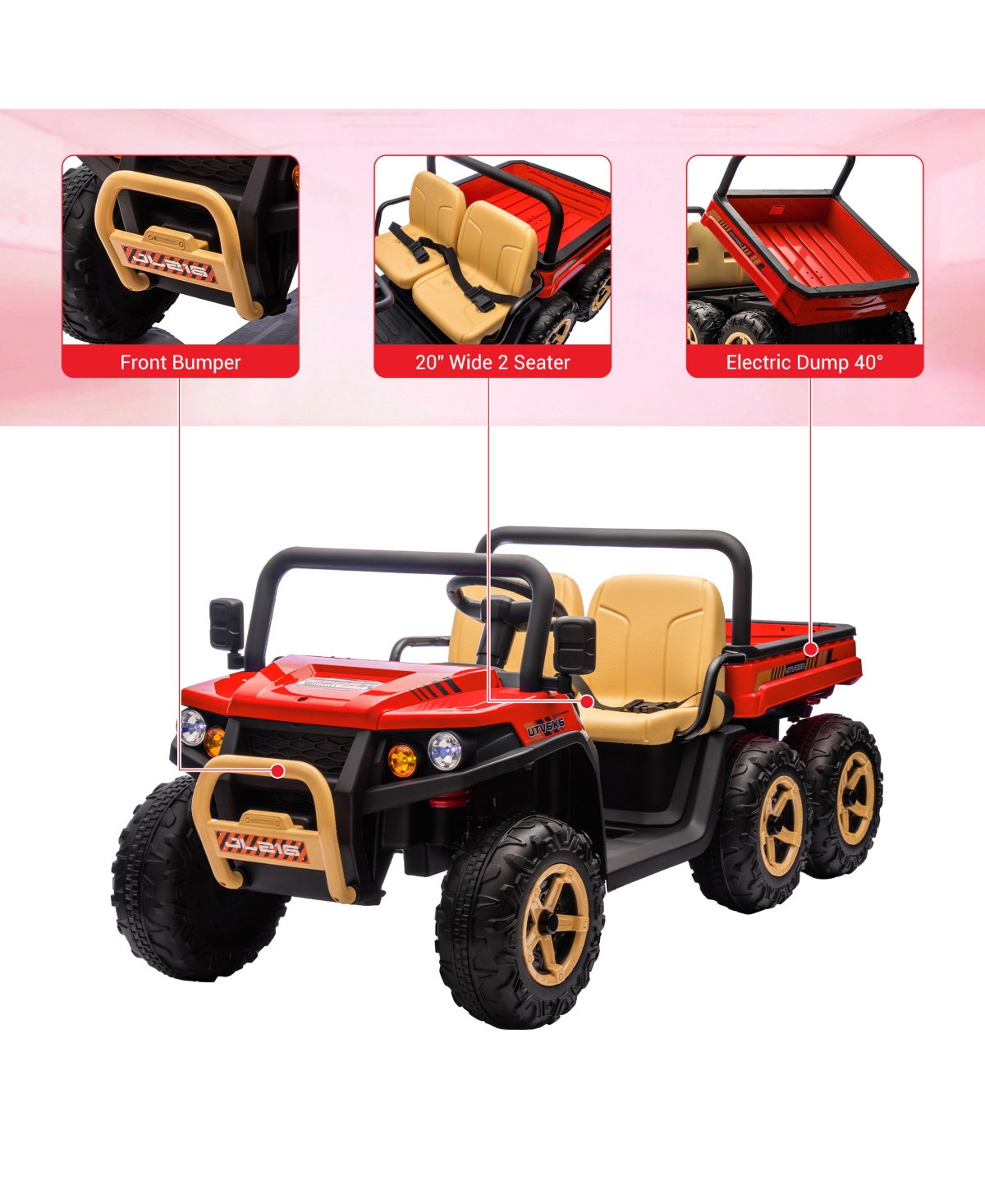 6 Wheel Kids Ride On Utv with Rear Cargo Bed, 2-Seater Electric Kids Vehicle with Remote Control, Off-Road Toy Car Equipped with Safety Toy Shovel
