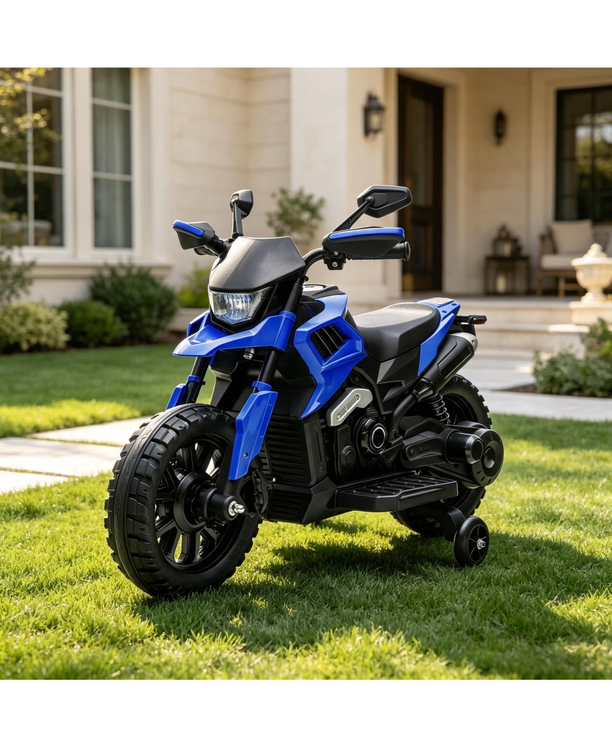 6V Kids Ride On Motorcycle Toy, Battery Powered 2-Wheel Scooter with Training Wheels for Indoor Outdoor Play, Blue, Ages 3-6