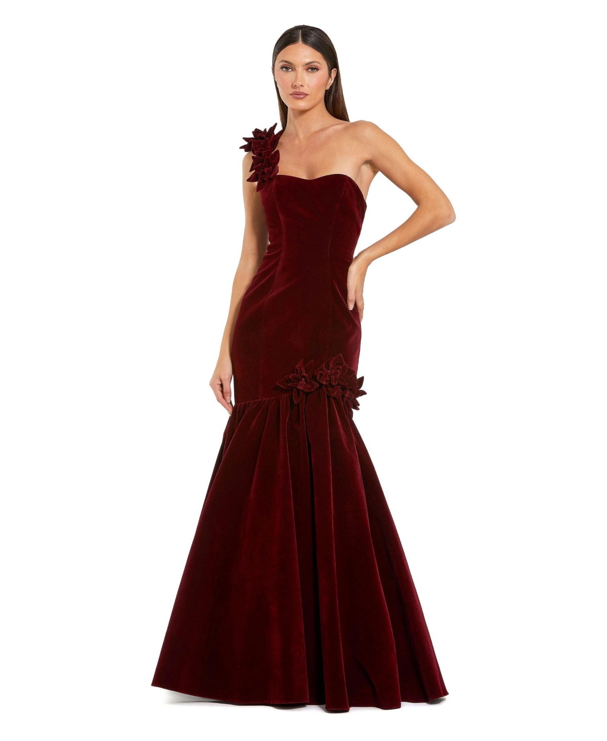 Mac Duggal Women's One-Shoulder Velvet Mermaid Gown with Floral Appliques - Amethyst