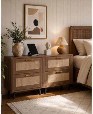 Rattan Nightstands Set of 2 - Walnut Bedside Tables with Charging Station, 4 Drawers, 2AC+2USB for Bedroom Storage